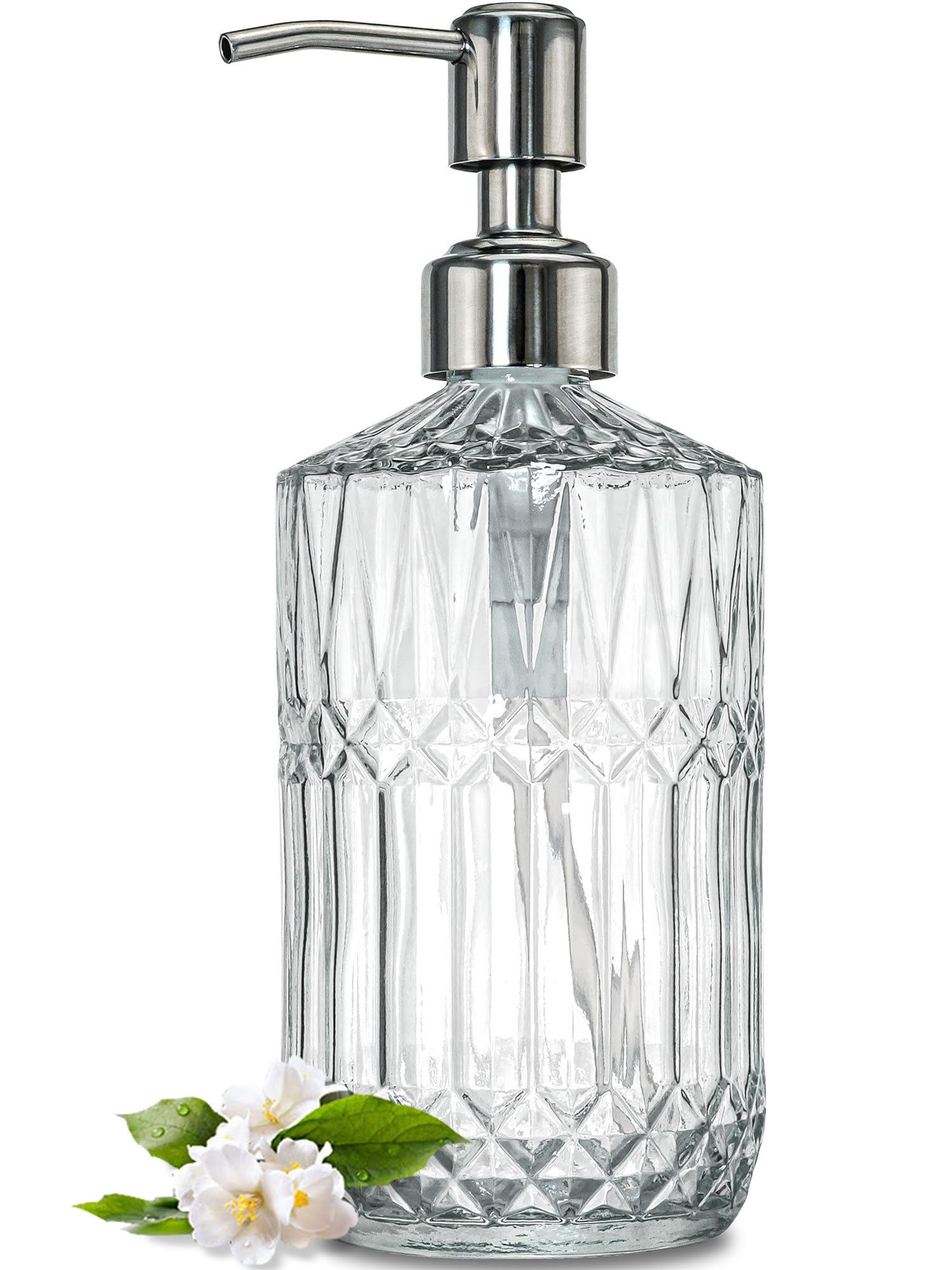 Jasai 18 Oz Embossed Clear Glass Soap Dispenser With Rust Proof Pump, Refillable Dish Soap Dispenser For Kitchen, Premium Bathro