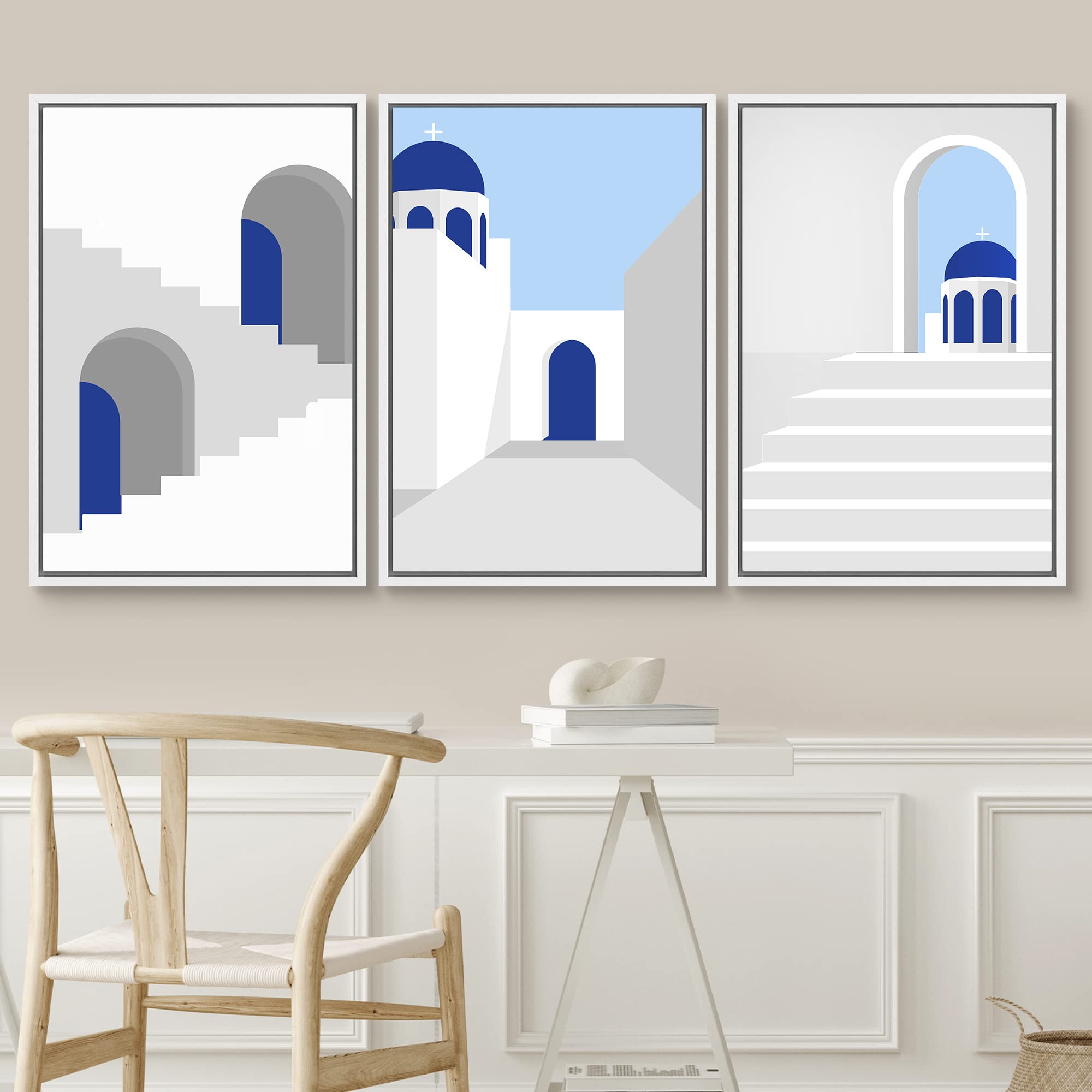 Signwin Framed Canvas Print Wall Art Set Geometric Mediterranean Blue Buildings Places Country Illustrations Modern Bohemian Sce