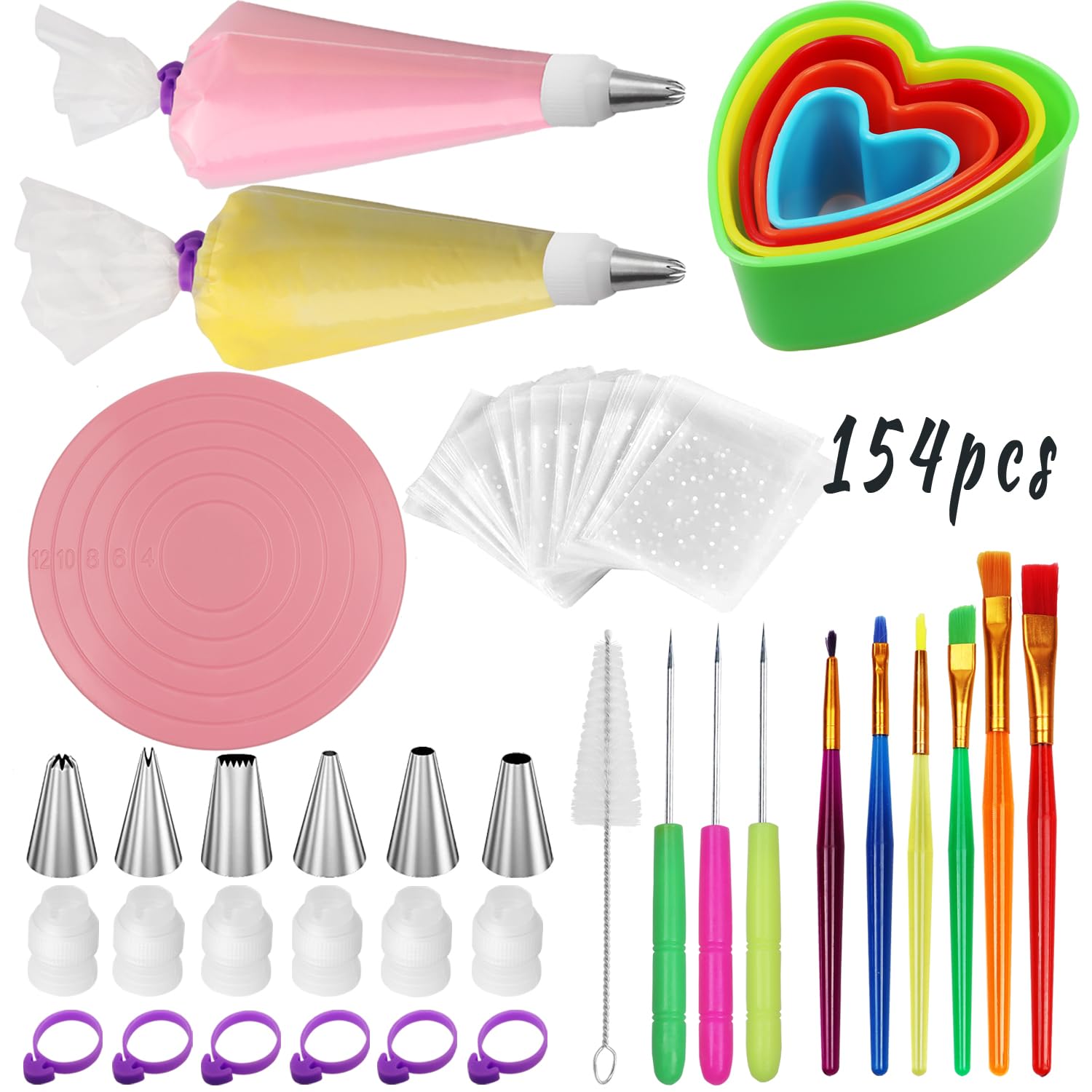 Cookie Decorating Supplies Kit 154Pcs, Sugar Cookies Turntable Set With 6 Piping Tips And 20Pcs Piping Bags, Scribe Needle, Brus