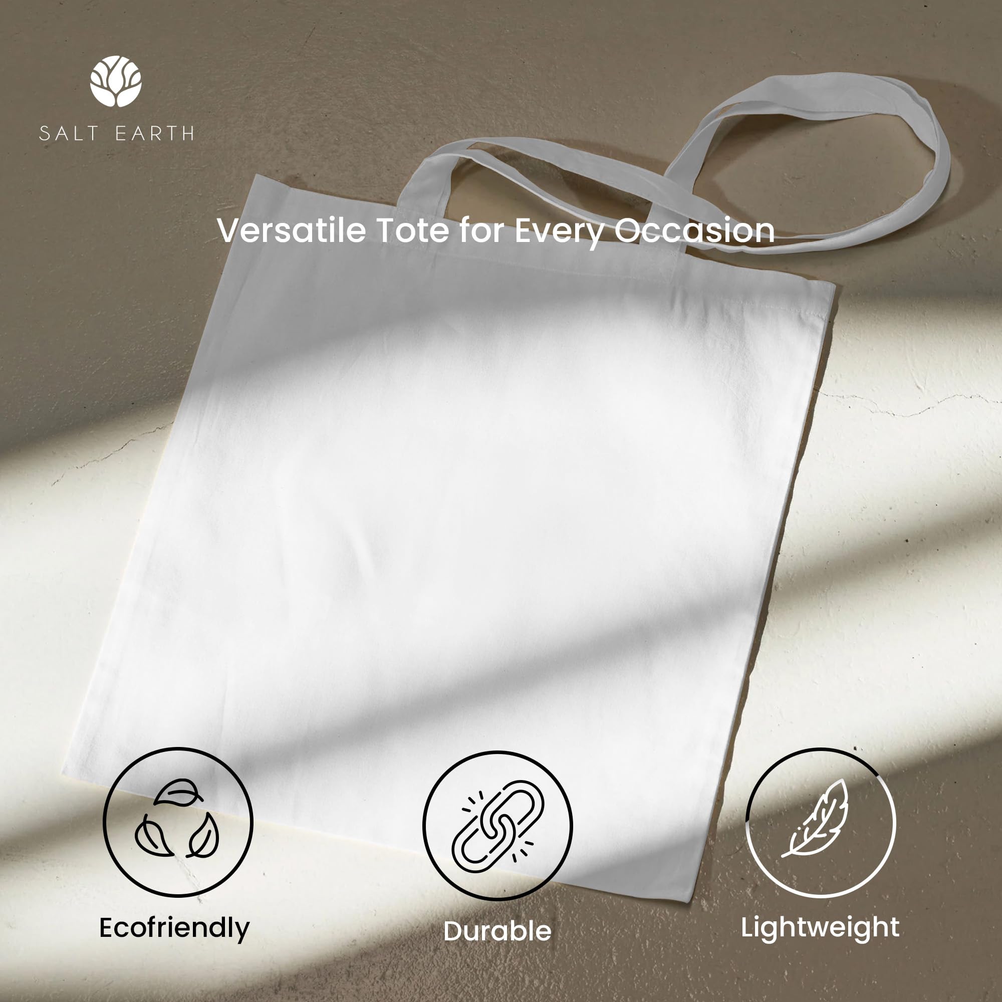 Salt Earth Pack of 5 | 6 | 12 | 24 | 48 - 100% Cotton Reusable Tote Bags - Bulk Grocery, Shopping, DIY, Beach & Gift Use (White)