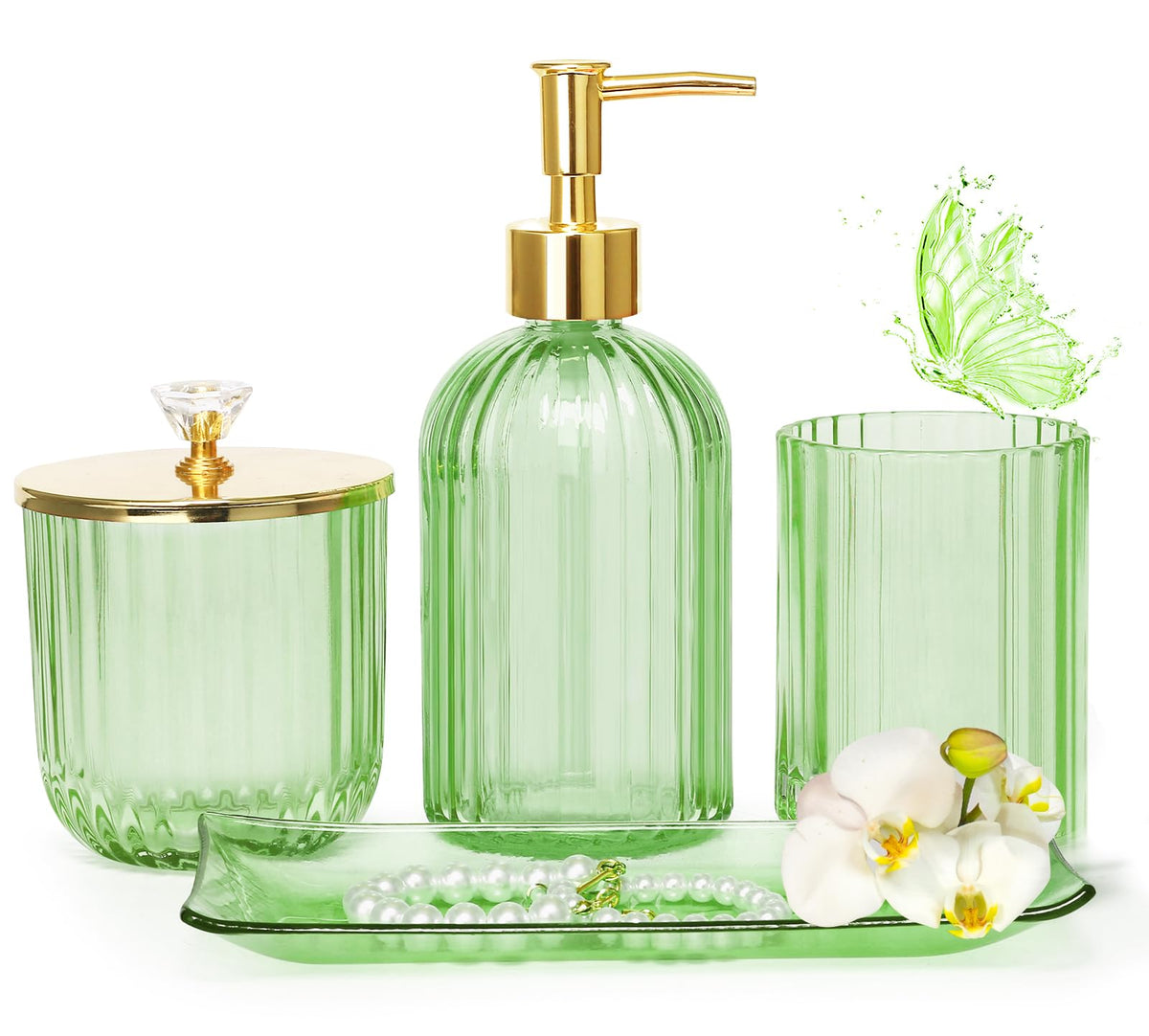 Glass Bathroom Accessories Set, 4 Pieces, Lotion Dispenser, Soap Dispenser, Toothbrush Holder, Cotton Swab Jar, Vanity Tray, Gre