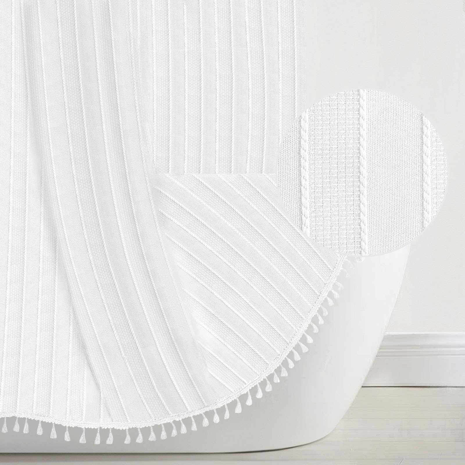 Seasonwood White Fabric Shower Curtain Boho Chic Striped Textured Tassel Shower Curtain For Bathroom, Wrinkle Free, Shabby Chic