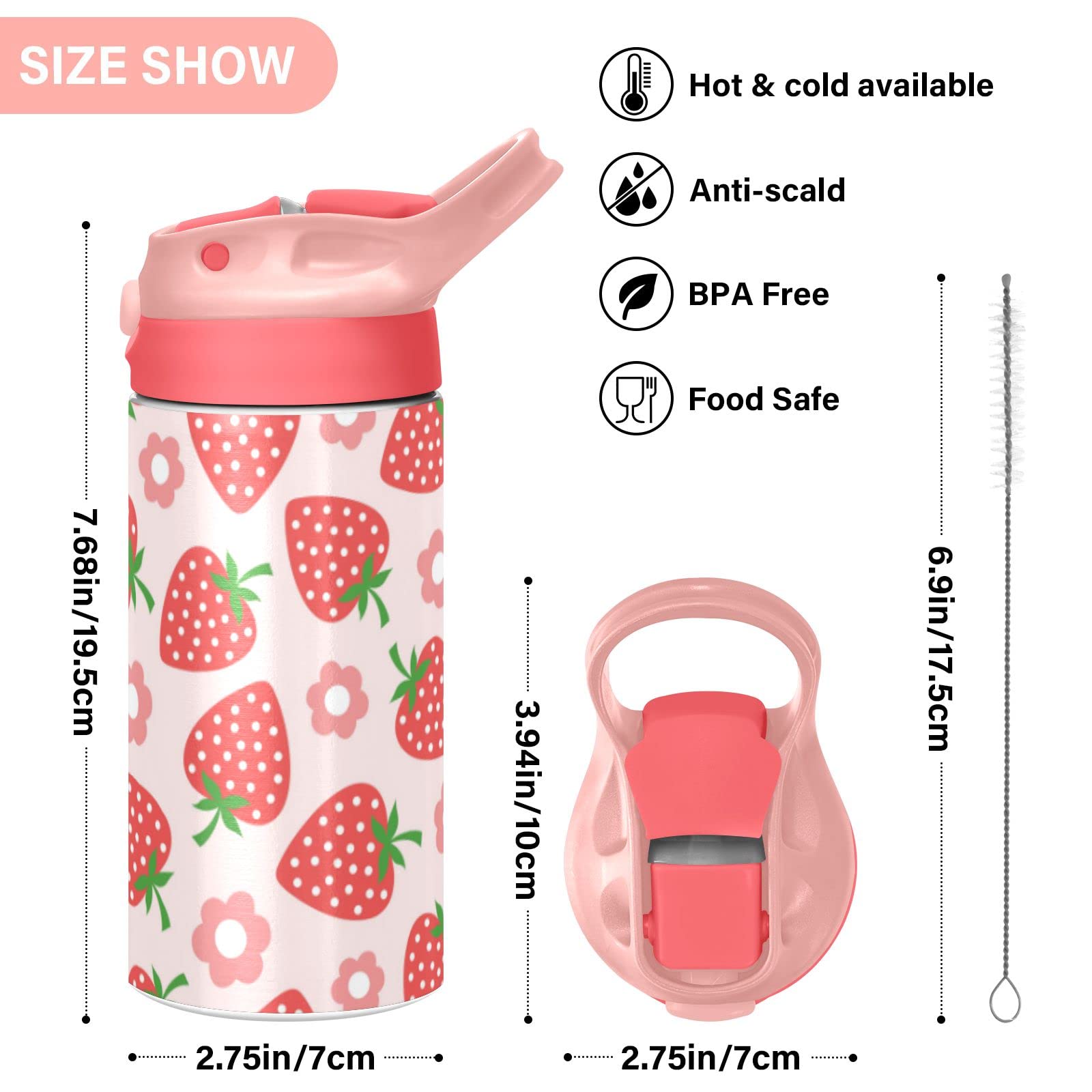 Children Insulated Water Bottles With Straw For School Kids Strawberry Cute Pink Stainless Steel Vacuum Double Wall Keeps Hot An
