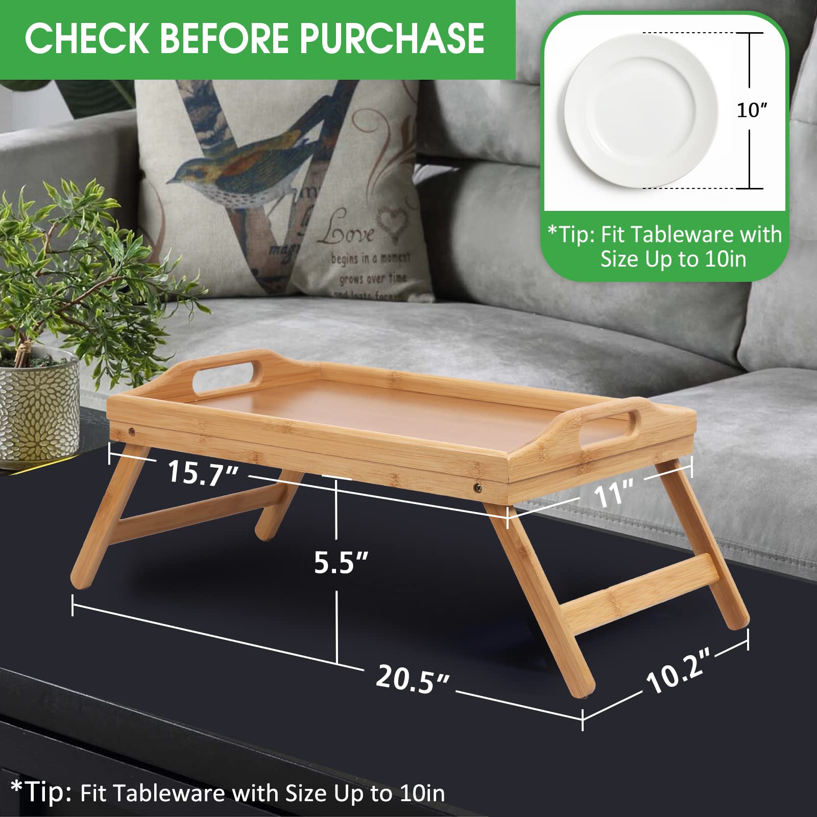 Artmeer Bed Tray Table With Foldable Legs,Bamboo Breakfast Tray With Handles Ideal For Sofa, Bed, Eating,Working,Used As Laptop