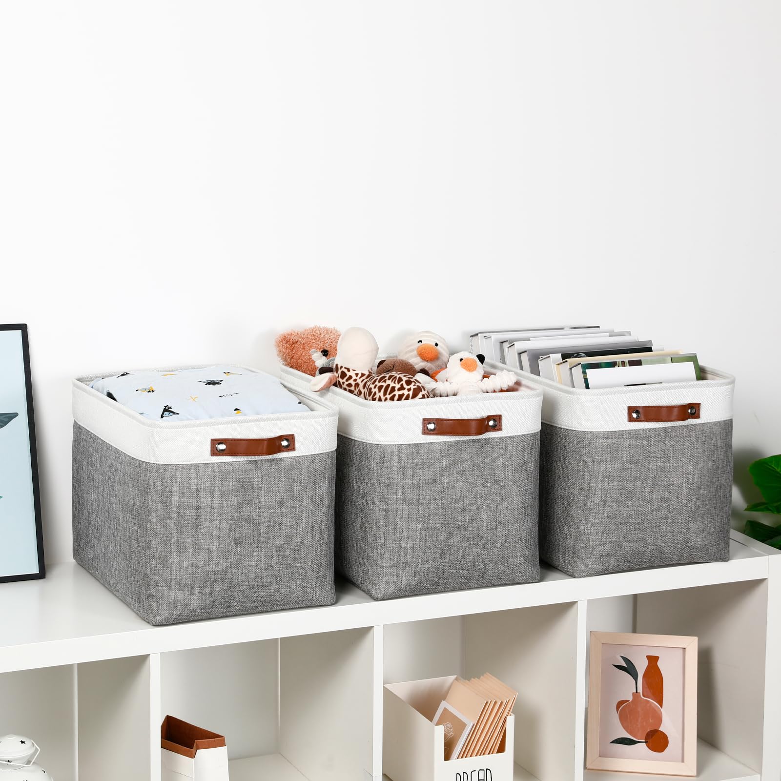 Dullemelo Large Storage Baskets, Fabric Storage Basket With Leather Handles For Shelves Closet Nursery Toy Storage, Collapsible