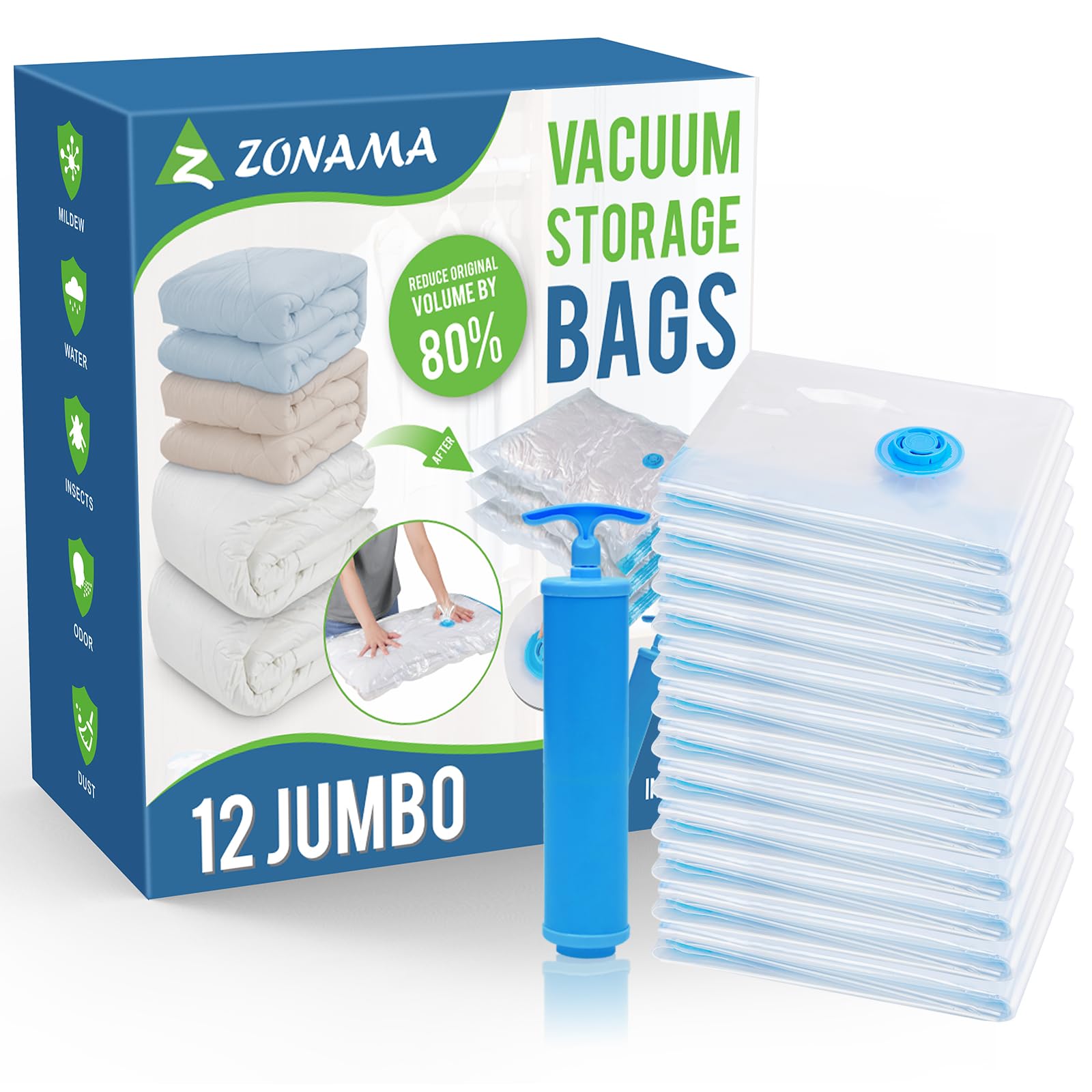 12Pack Jumbo Vacuum Storage Bags, Space Saver Bag For Clothes, Clothing, Bedding, Pillows, Comforters, Blankets, House Moving, T