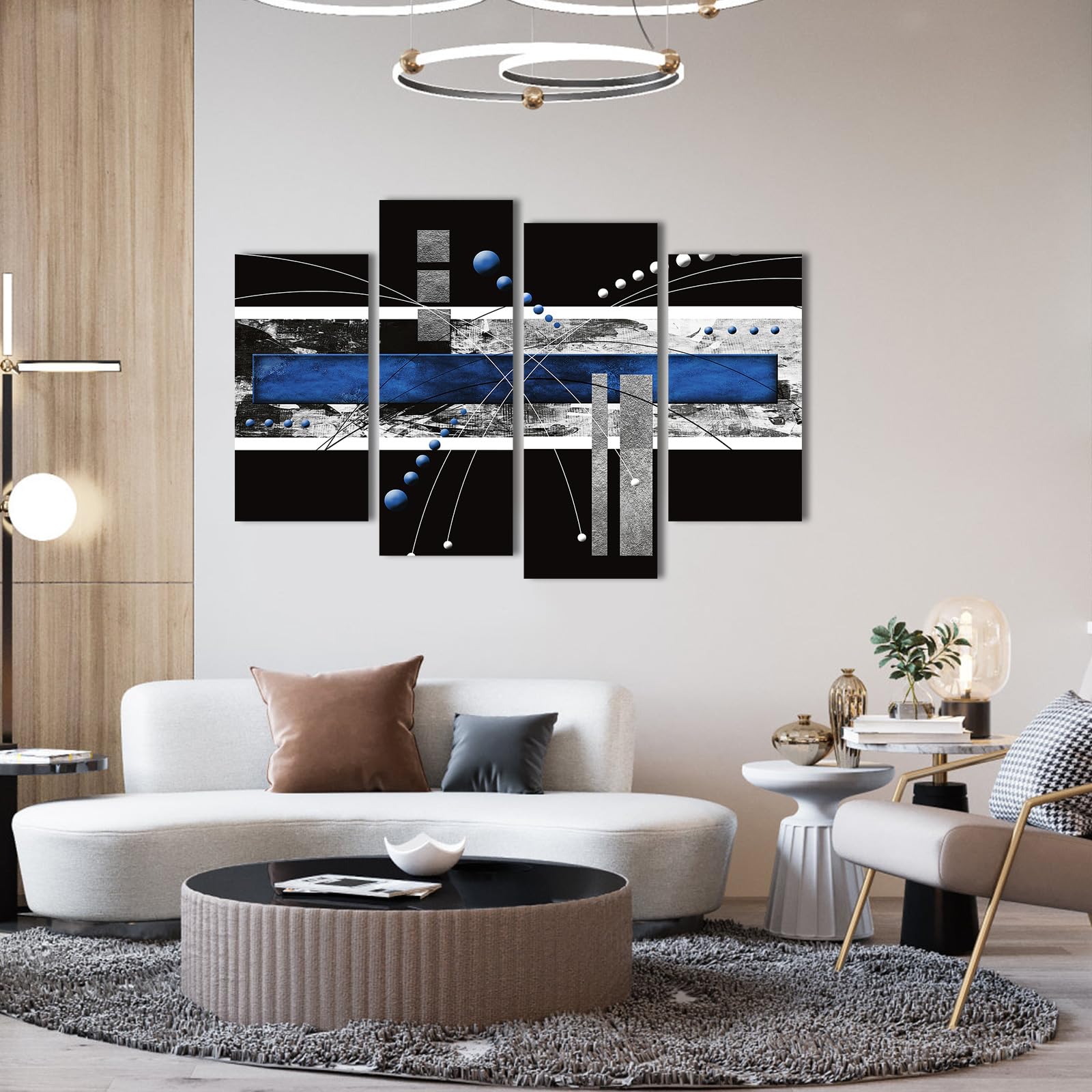 Ypy Black Blue Canvas Wall Art - 4 Panels Modern Abstract Picture Set For Home Decoration - Extra Large Contemporary Painting Ar