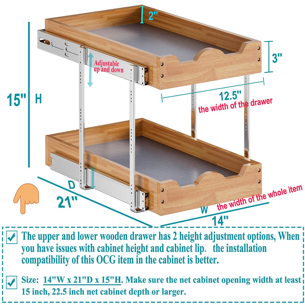 Ocg Pull Out Drawers For Cabinets 14''W X 21''D, 2 Tier Heavy-Duty Slide Out Wood Drawer Shelf, Pull Out Drawer For Cabinets, Ba