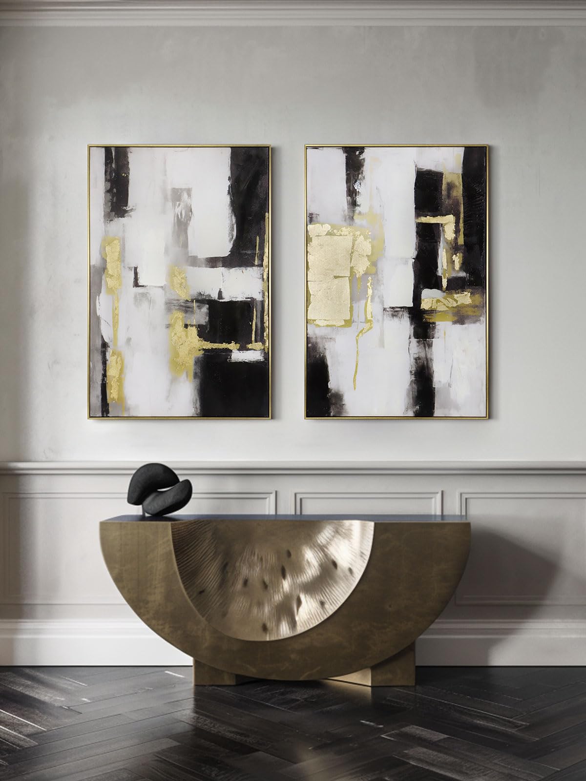 Modern Abstract Wall Art Decor- Black And Gold, 24X36 Inch X 2, Framed - Ideal For Large Living Room Or Bedroom