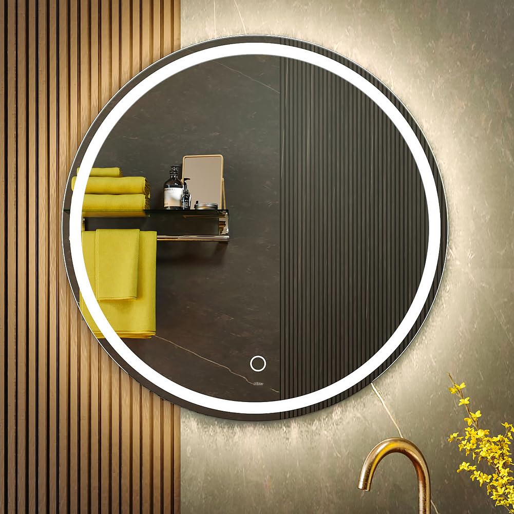 KWW 28 Inch Large Modern LED Round Bathroom Vanity Mirror  Color Temperature Adjustable  Anti-Fog Dimmable Lights  Easy to Install  Wall Mounted Makeup Mirror with Smart Touch Button