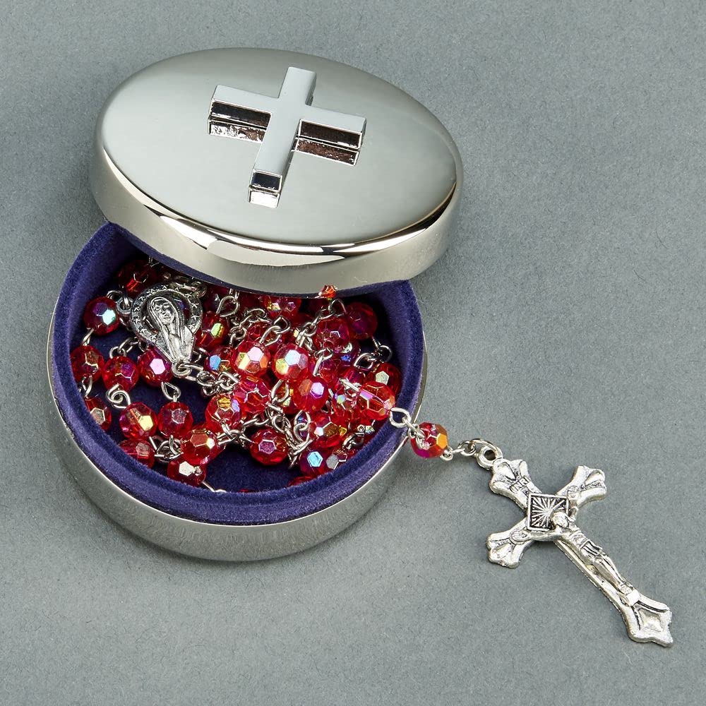 Creative Gifts International Rosary Cross Jewelry Box, Nickel Plated Non-Tarnish, 2.25 Round, Gift Box Included
