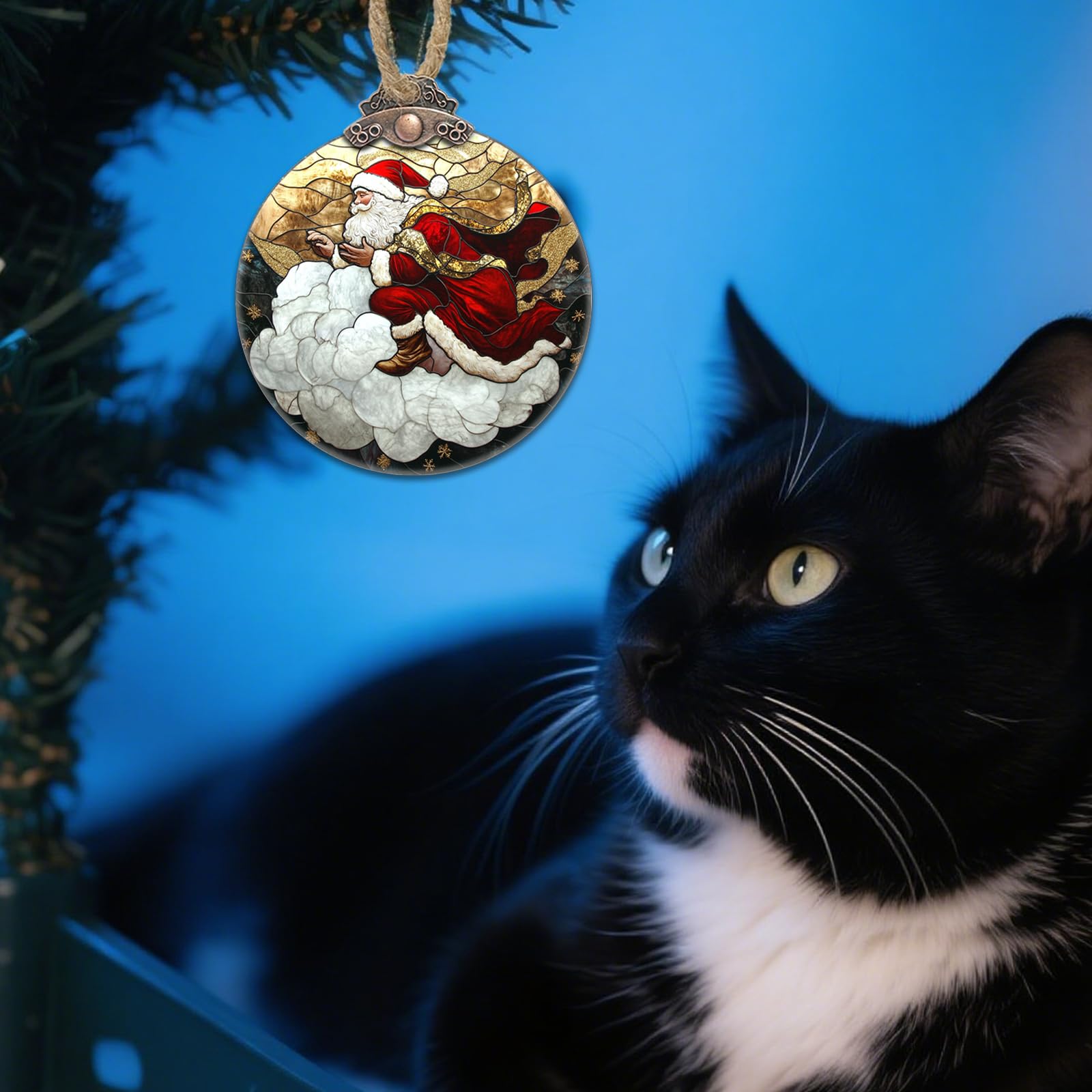 DASTOLL Stained Glass Christmas Decorations, Santa Claus Riding A Cloud Suncatcher for Window Christmas Tree Hanging Ornaments G