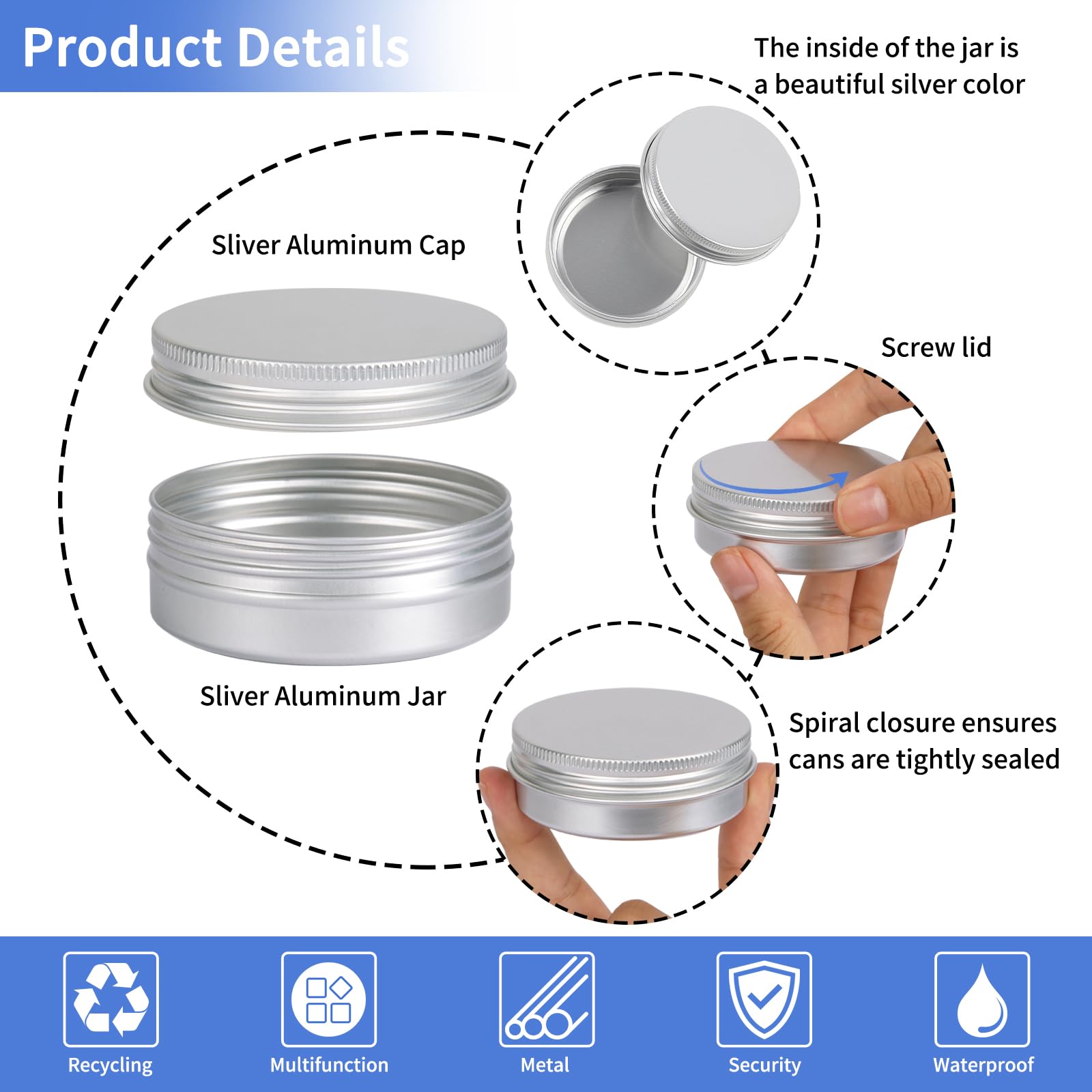 Moretoes 60 Pack Tins, 2Oz Metal Round Tins, Aluminum Tin Cans Containers With Screw Lid For Lotion Bars, Balms, Salve, Spices O