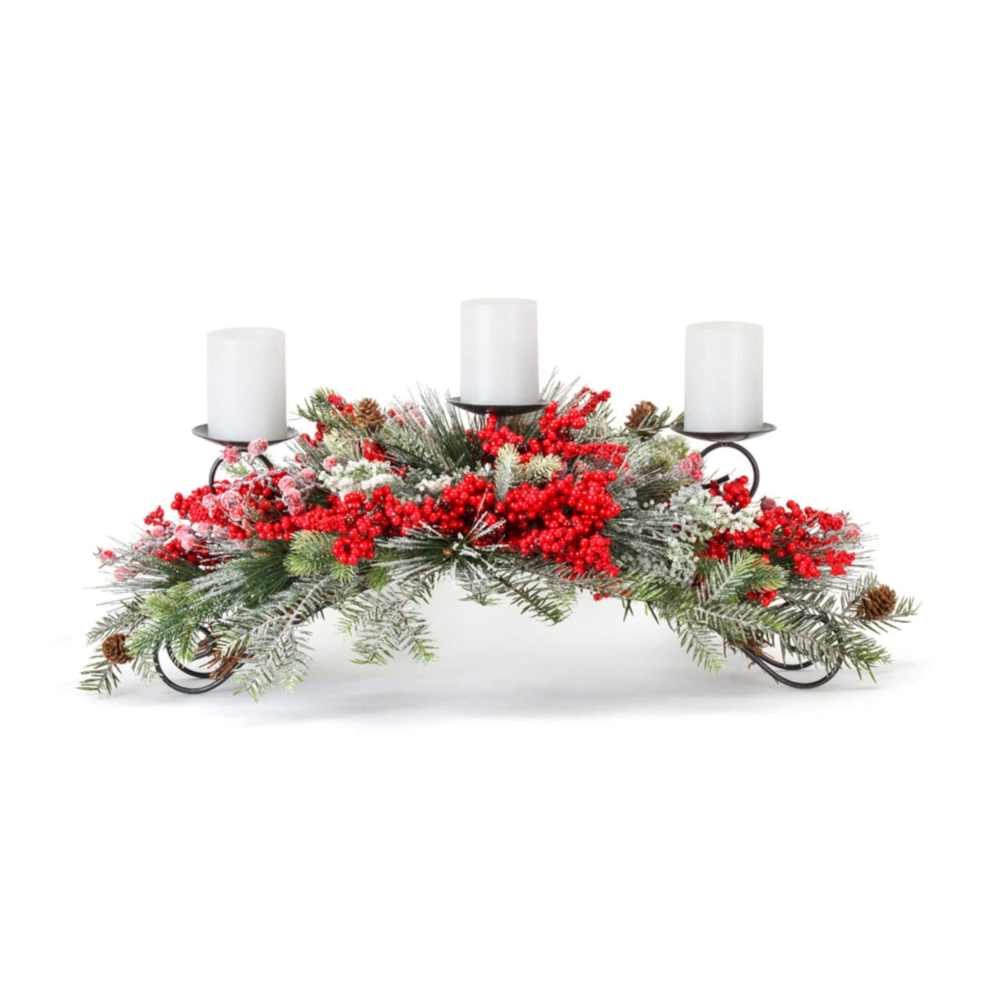 Set of 2 Red Pine and Berries Christmas Candle Holder Centerpiece, 31