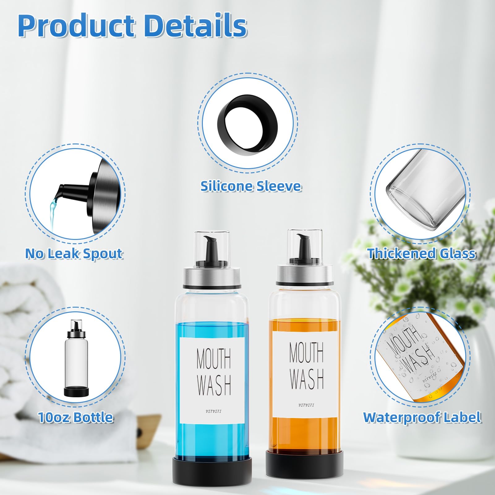 Vitviti 10Oz Mouthwash Dispenser For Bathroom, Glass Mouth Wash Container With Cup Lid, Clear Refillable Mouthwash Bottle Decant
