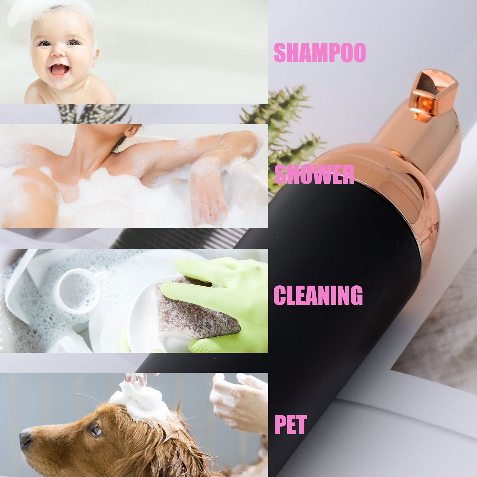 Iron Bill 2 Oz Empty Foam Pump Bottle (12Pcs) Travel Foaming Soap Dispenser For Hand Soap, Lash Shampoo Cleanser (Black&Rose Gol