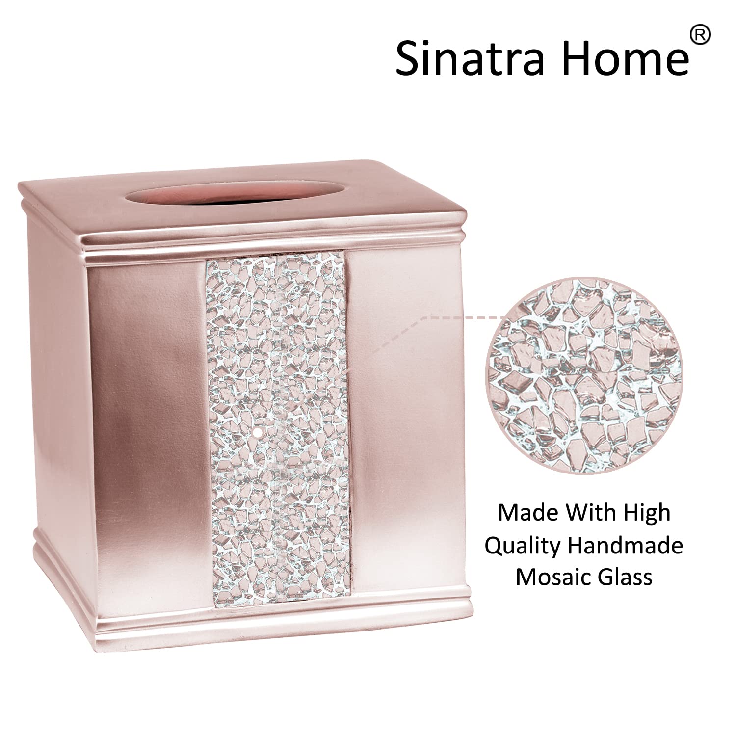 Zahari Home 2pc Sinatra Modern Bath Accessories Set Waste Basket & Tissue Box Modern Decorative Beautiful Designs Bathroom Decor Set for Home Blush Bathroom Set Mosaic Glass