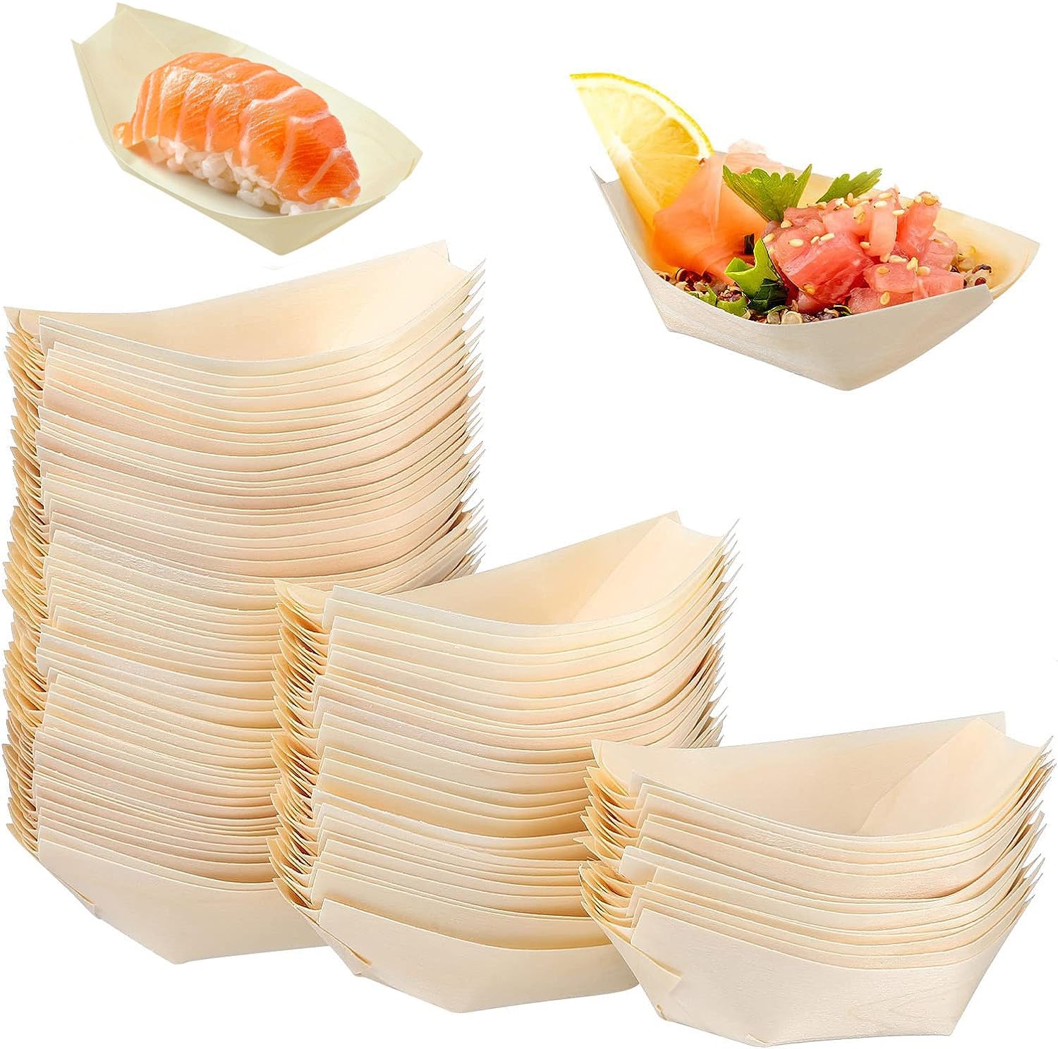 Hemoton 100Pcs Bamboo Wooden Boat Disposable Sushi Boat Wooden Boat Serving Tray Sushi Tray Food Container Wood Bowl Cake Tool 3