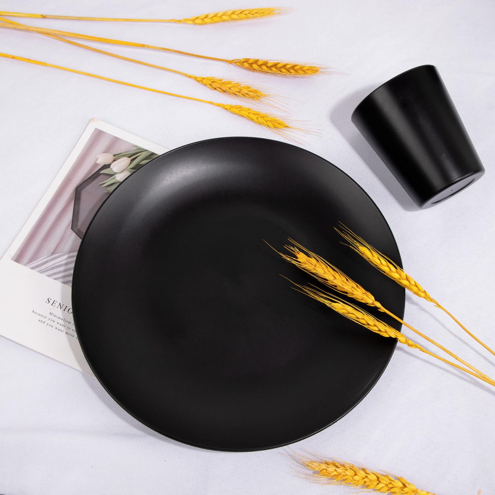 Supernal 32Pcs Black Wheat Straw Dinnerware Sets With 25Pcs Linen Napkins,Plates And Bowls Sets For 8,Black Plastic Dinnerware S