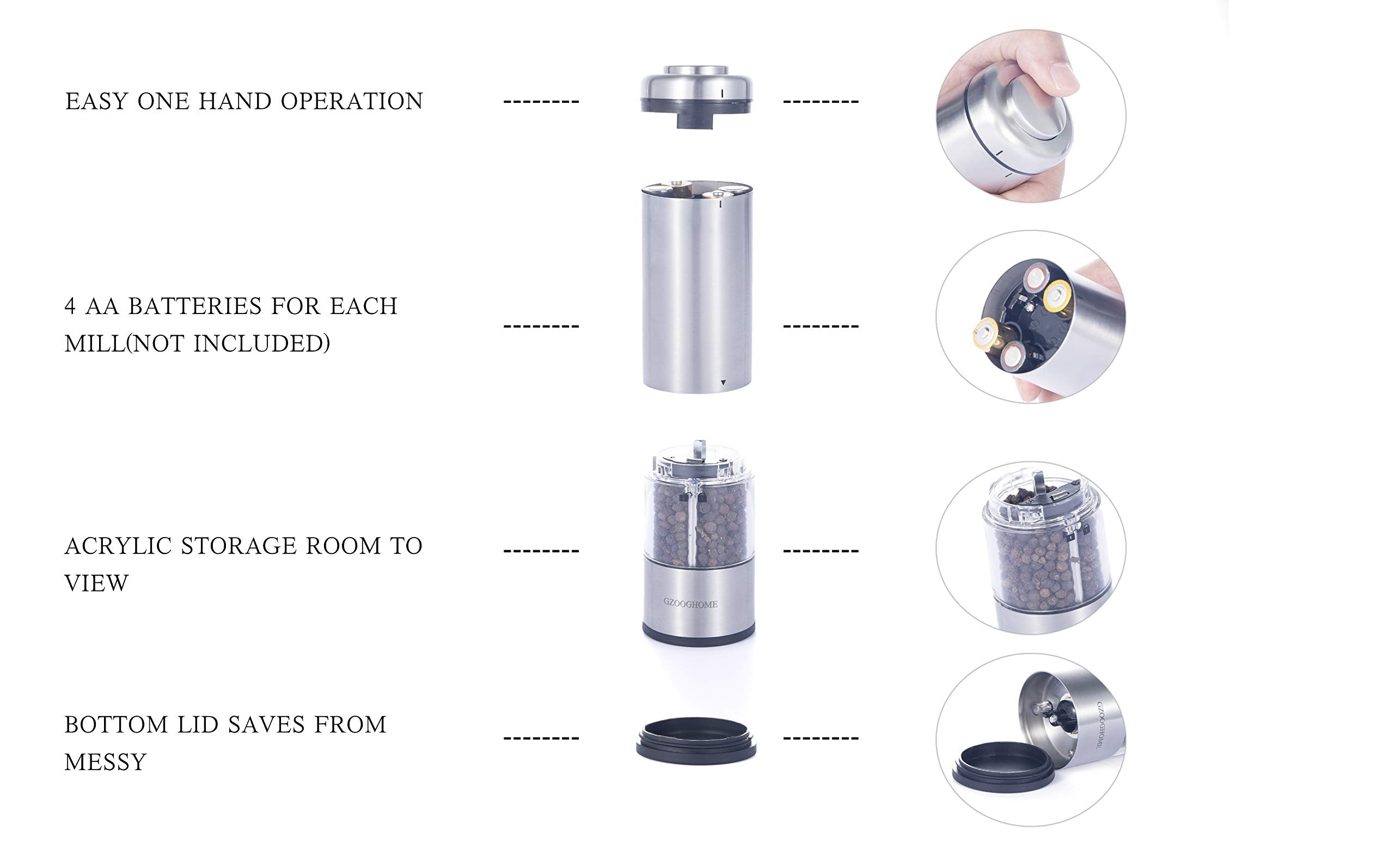Gzooghome Electric Salt And Pepper Mill Grinder Set (Do Not Use Rechargeable Batteries), Battery Operated Automatic One Handed P