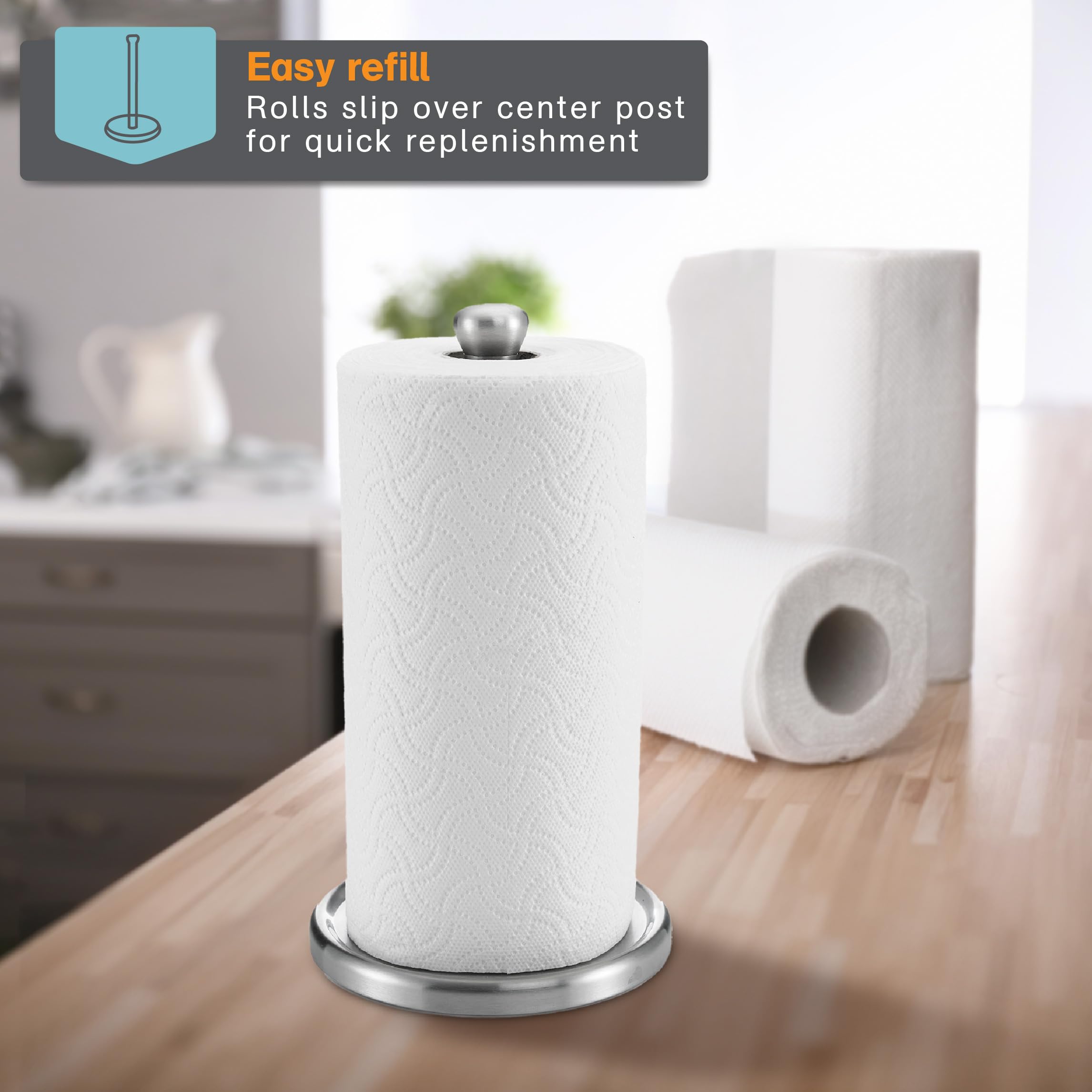 Polder Single-Tear Paper Towel Holder  Kitchen Organization and Storage  Stainless Steel Paper Towel Holder  Fits Standard and Jumbo-Sized Paper Towel Rolls  12.6'' H x 7.1'' Dia.