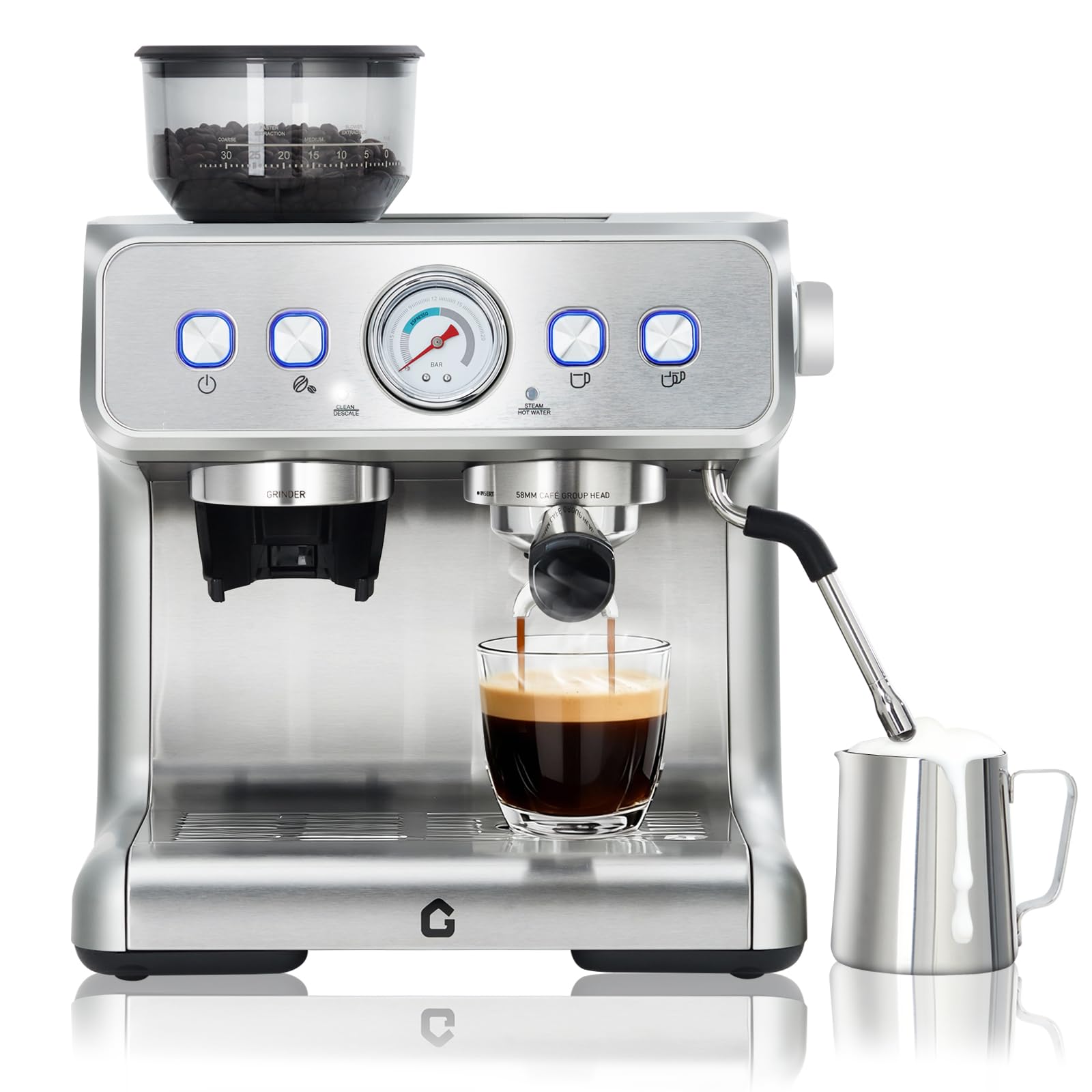 Garvee 20 Bar Pressure Stainless Steel Machine with Grinder, 2.8L Removable Water Tank, Milk Frother Steam Wand for Latte/Cappuc