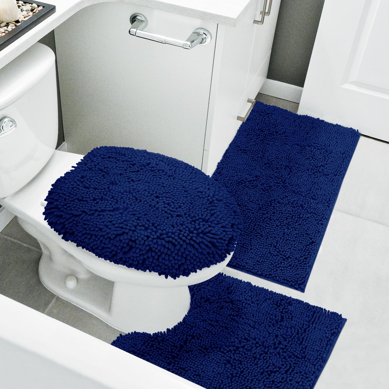 Homeideas Navy Blue Bathroom Rugs Sets 3 Piece, Chenille Bath Rugs Soft Absorbent Non Slip Washable Bath Mats With Toilet Lid Co