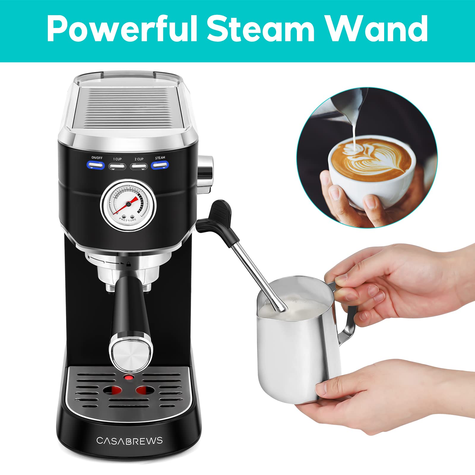 Casabrews Espresso Machine 20 Bar, Stainless Steel Espresso Maker With Milk Frother Steam Wand, Compact Cappuccino Machine For H