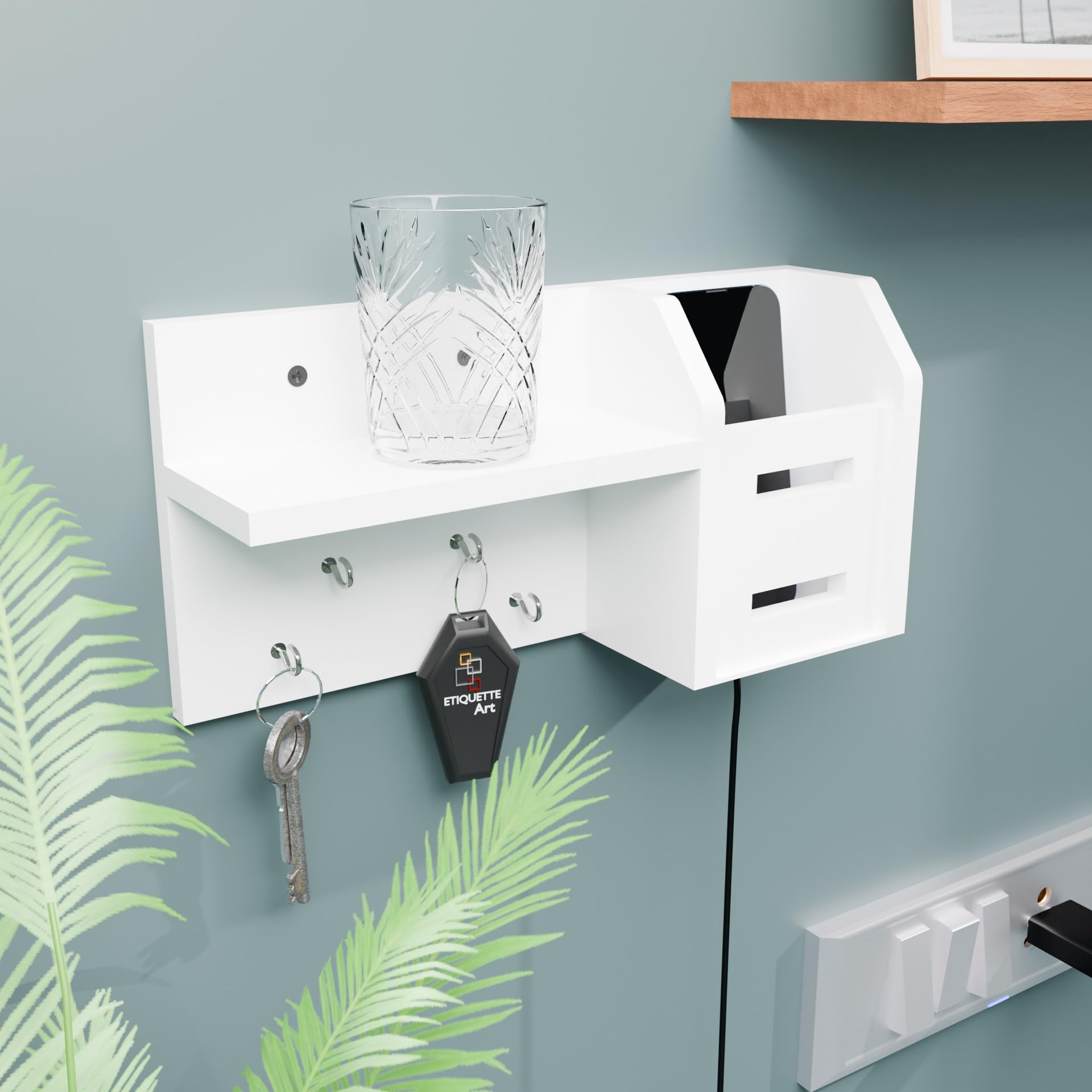 ETIQUETTE ART Mobile Stand Mail and Key Holder for Wall, Decorative Key and Mail Holder with Shelf Has small Hooks for Wood Key 