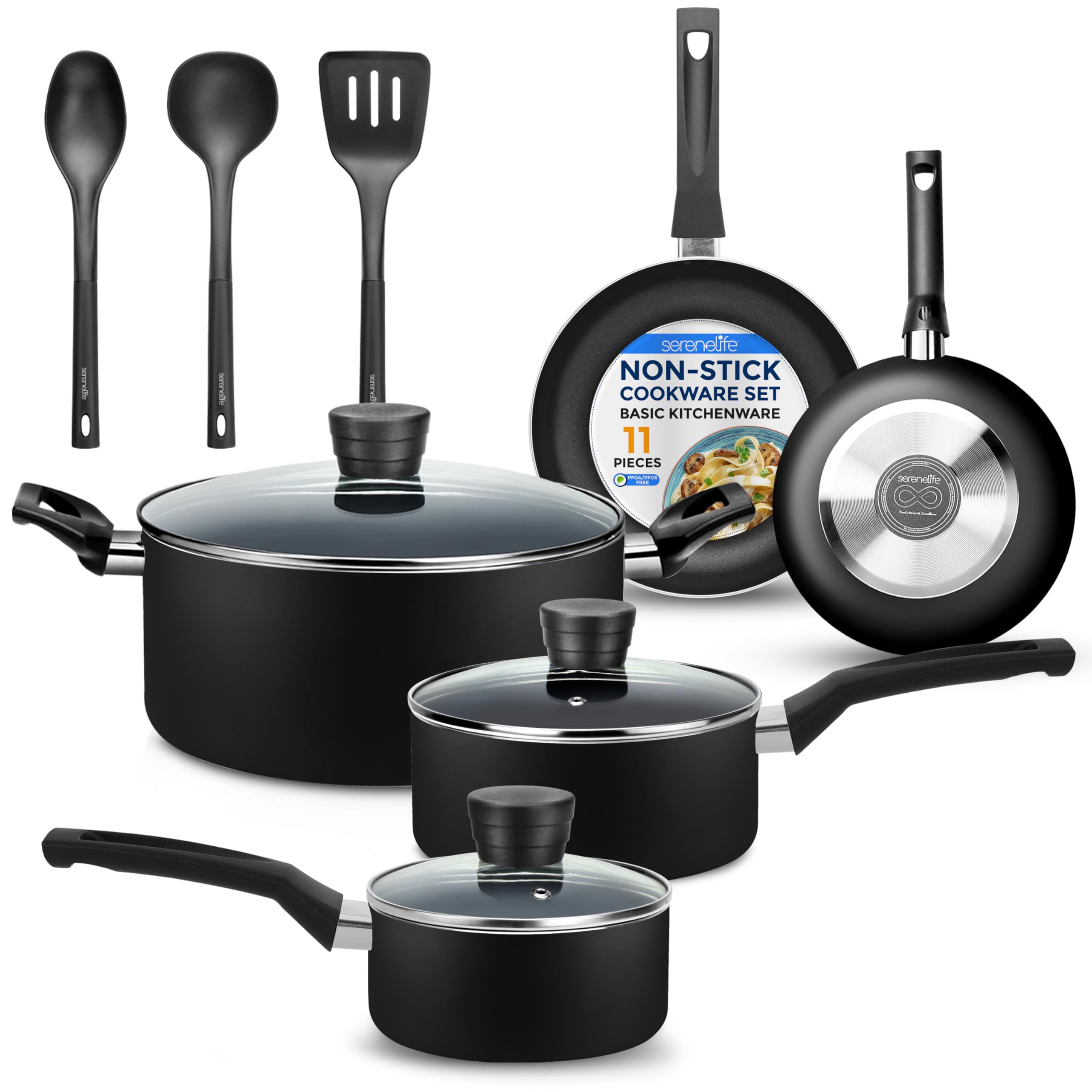 SereneLife Kitchenware Pots & Pans Basic Kitchen Cookware, Black Non-Stick Coating Inside, Heat Resistant Lacquer (11-Piece Set)