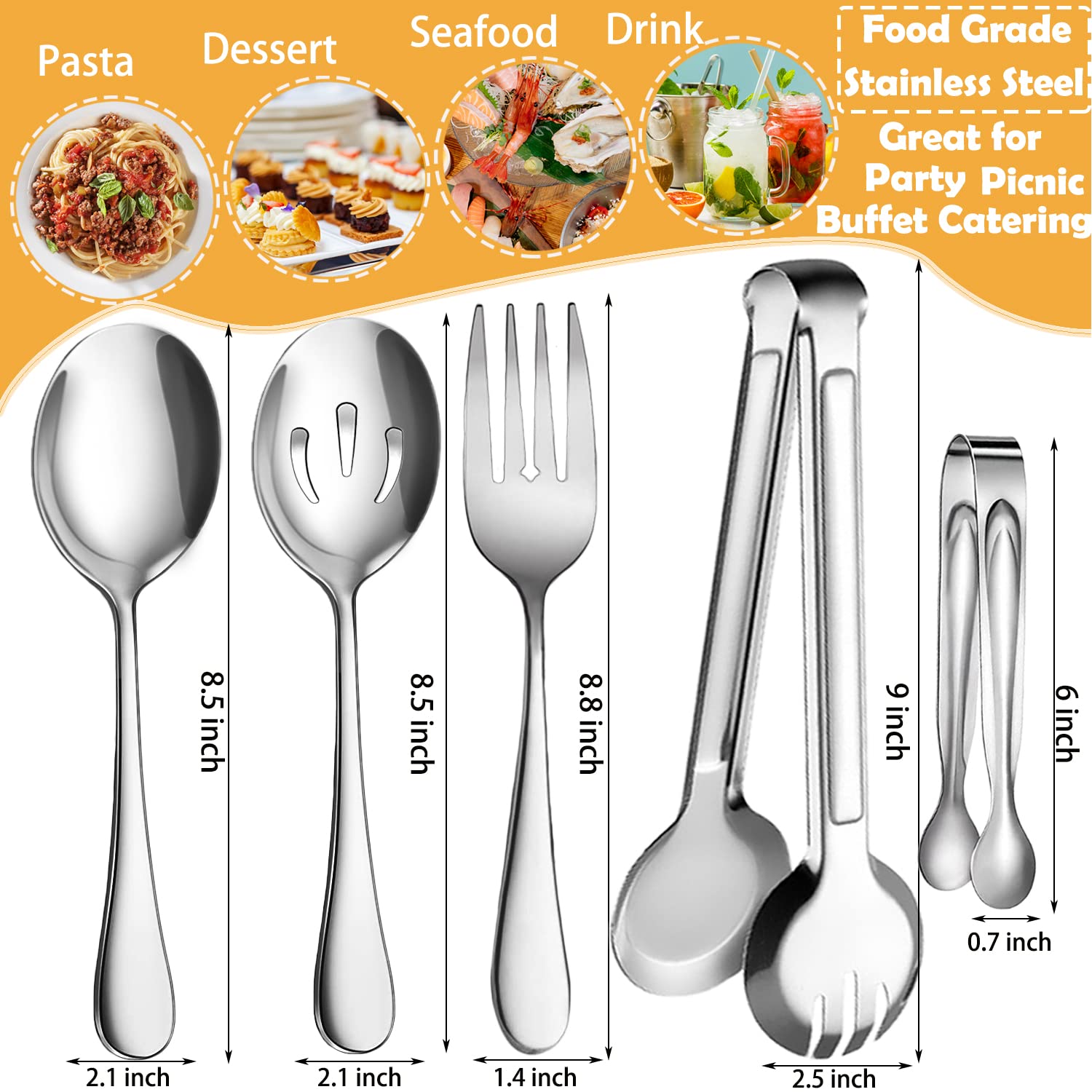 Iaxsee 10 Pcs Stainless Steel Serving Utensils, Large Serving Spoons Slotted Spoons, Serving Forks, Serving Tongs, Ice Suger Ton