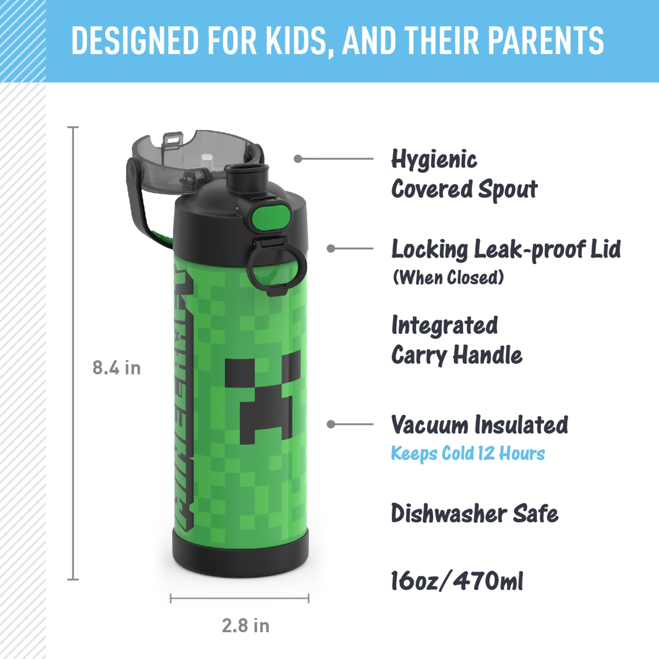 Thermos Funtainer 16 Ounce Stainless Steel Vacuum Insulated Bottle With Wide Spout Lid, Minecraft