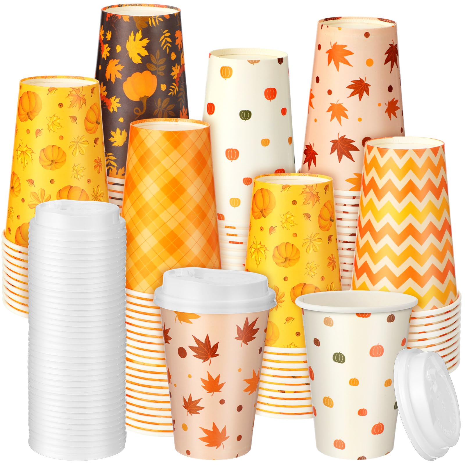 Sliner 120 Pcs Fall Thanksgiving Disposable Coffee Cups with Lids 12 oz Autumn Hot Cold Drinks Paper Cups Pumpkin Maple Leaf Bev
