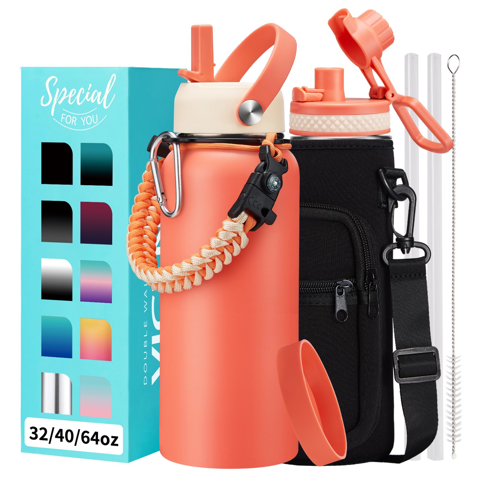 Insulated Water Bottle 32oz with Straw - Pop-up Spout Lid, Paracord Handle, Strap Shoulder Carrier, Protective Boot, Wide Mouth 