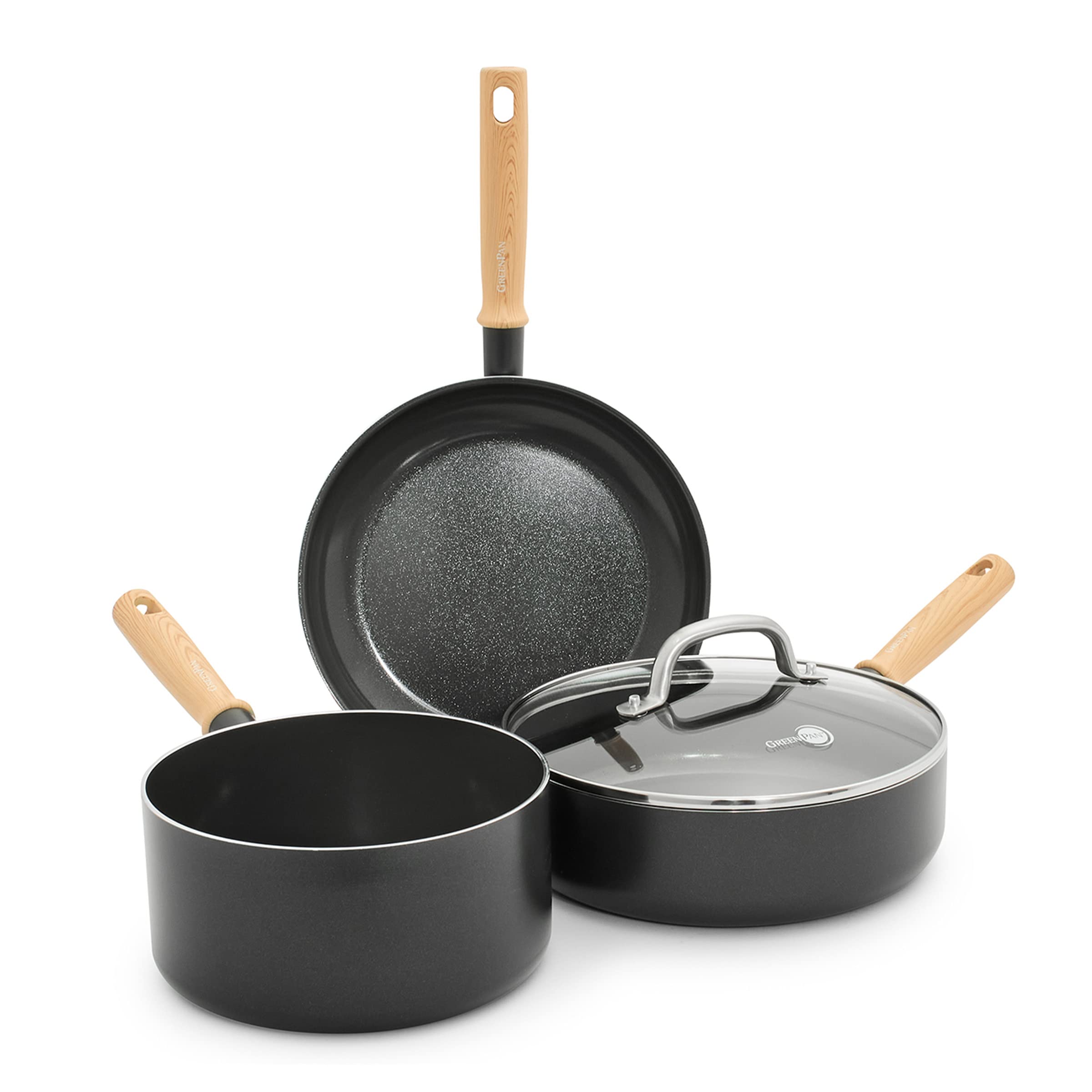 GreenPan Hudson Healthy Ceramic Nonstick, 4 Piece Cookware Pots and Pans Set, Vintage Wood Inspired Handle, PFAS-Free, Dishwashe