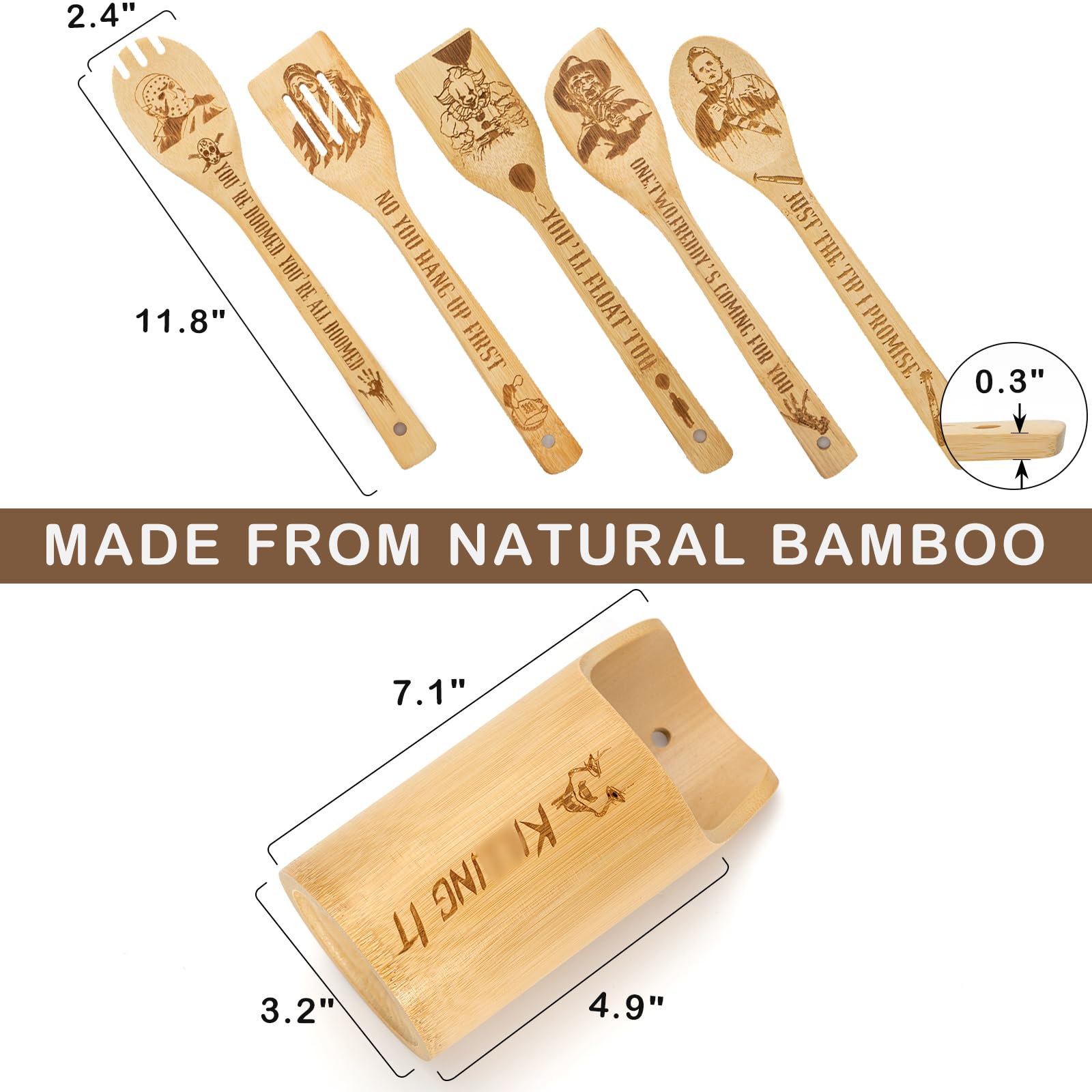 6Pcs Horror Movie Character Cooking Gift Set Wooden Spoons Utensils With Matching Holder - Halloween Movie Merchandise Laser Eng