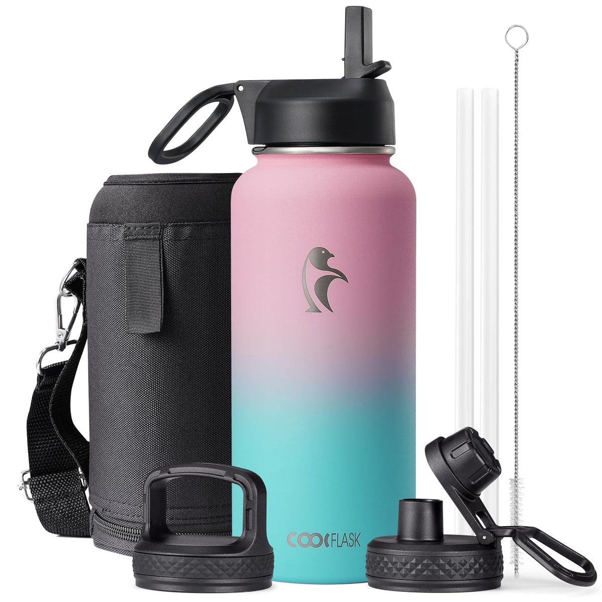 Coolflask 32 Oz Insulated Water Bottle With Straw&3 Lids, Stainless Steel Metal Flask Wide Mouth For Sports Or Office, Non-Bpa K