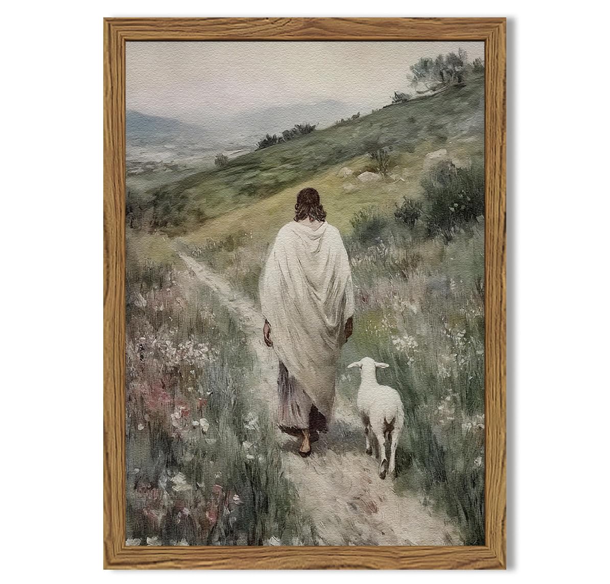 Jesus And Lamb Wall Art 3D Textured Hand Drawn Sandstone Lost Lamb Wall Decor, Jesus Leaves The 99 Sheep Christian Paintings Art