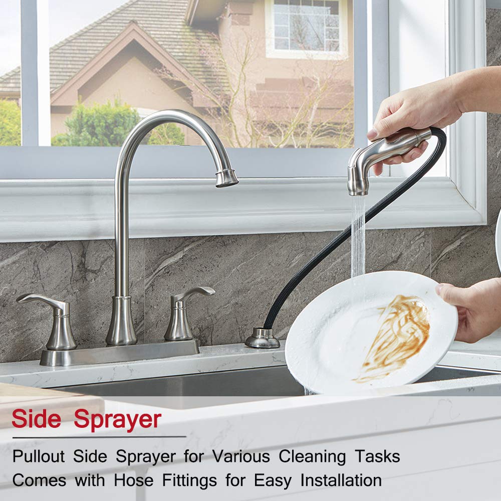 Valisy 3 Hole Or 4 Hole Two Handle Kitchen Faucet With Side Sprayer, Commercial Lead-Free Brushed Nickel Kitchen Sink Faucets Fo