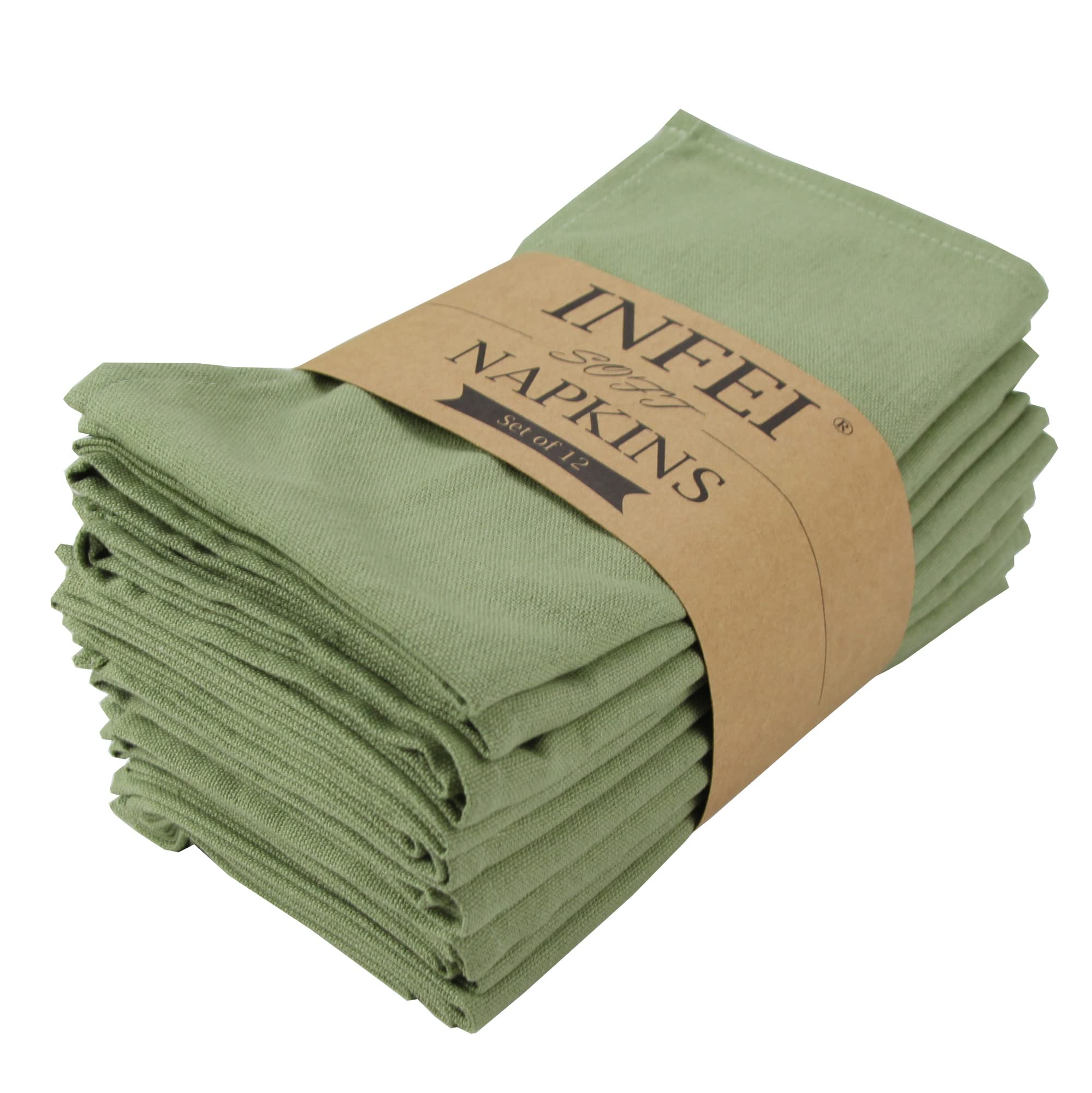 INFEI Solid Color Cotton Blended Dinner Cloth Napkins - Set of 12 (17 x 17 inches) - for Events & Home Use (Olive Green)