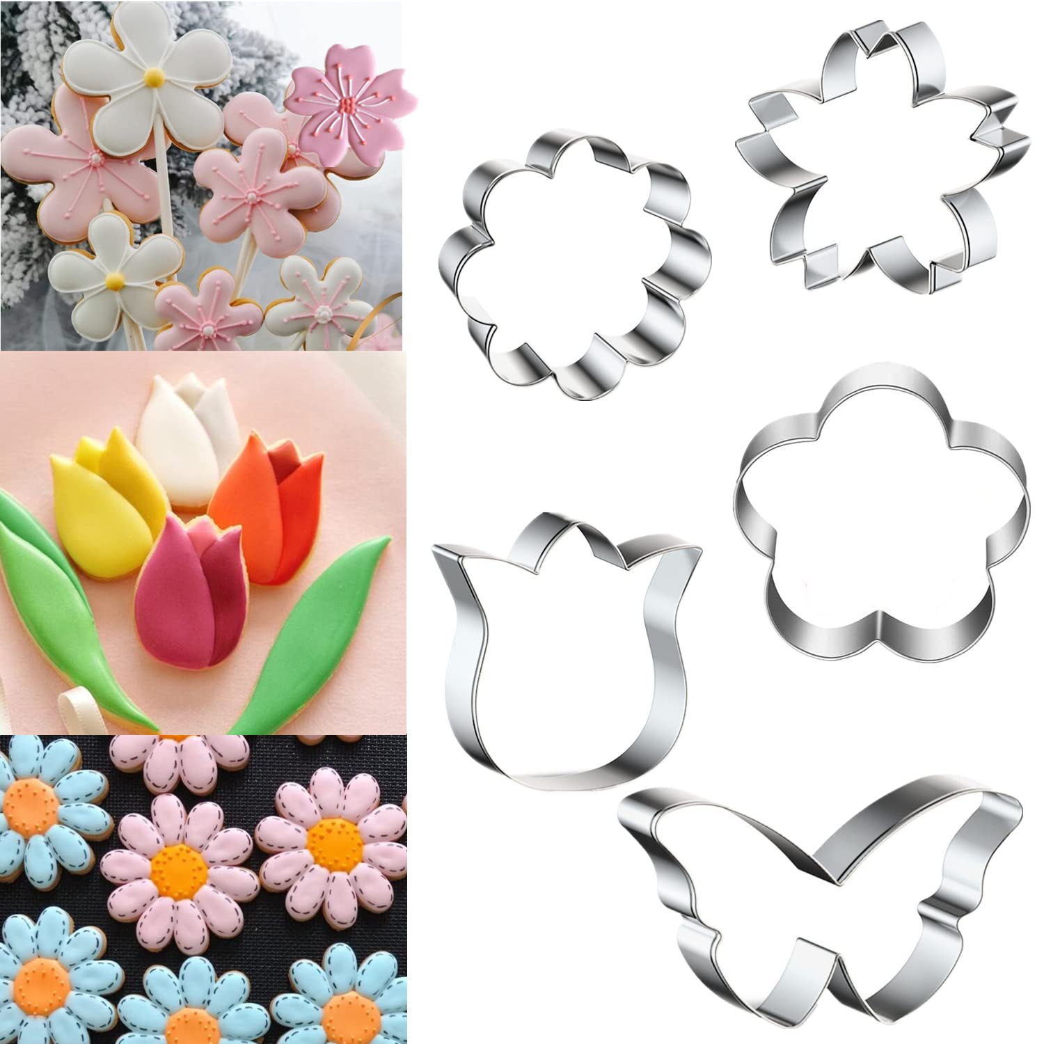 Q-Baker Spring Summer Flowers Cookie Cutters - Rose, Sunflower, Tulip, Daisy Flower, Butterfly, Stainless Steel Holiday Cookie C