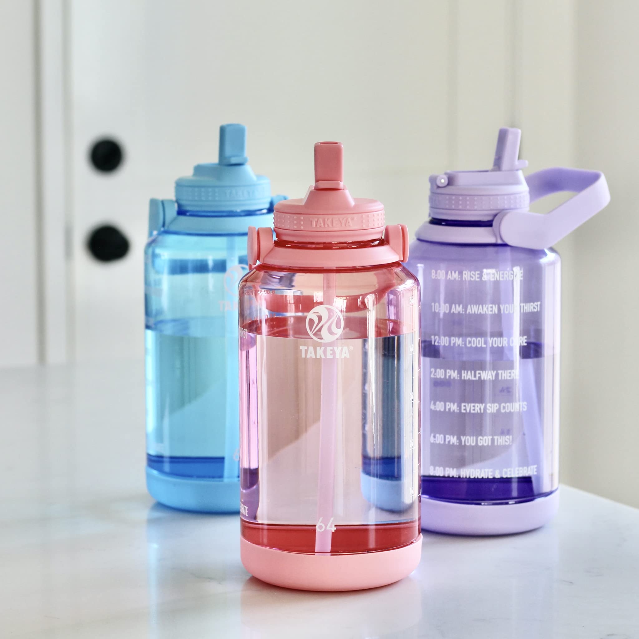 Takeya Premium Quality Motivational Water Bottle With Straw Lid, Times To Drink, Bpa Free Tritan Plastic, 64 Ounce, Flutter Pink