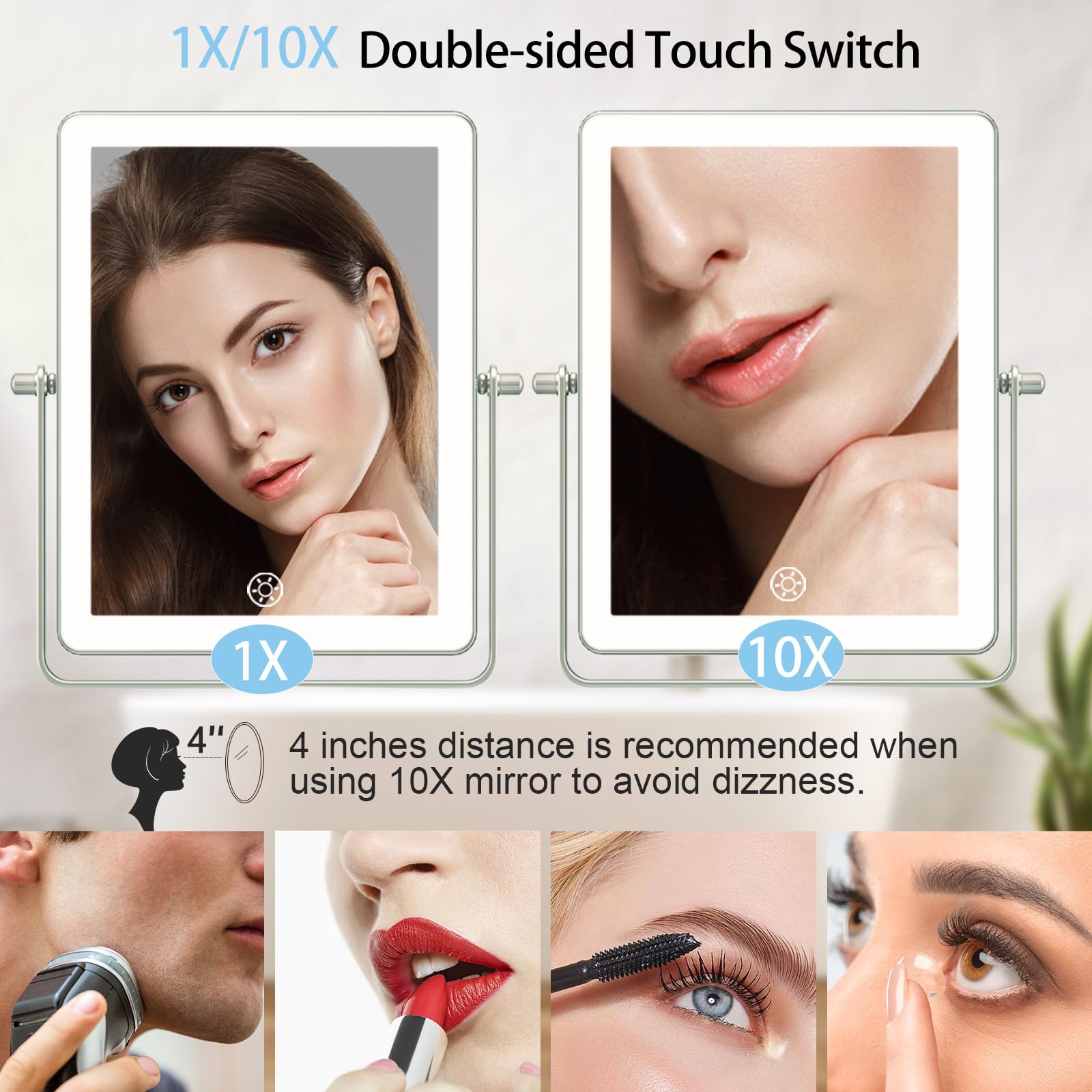 Fascinate Rechargeable Wall Mounted Makeup Mirror,8.7 Double Sided Touch Switch 1X 10X Rectangle Wall Mounted Magnifying Mirror