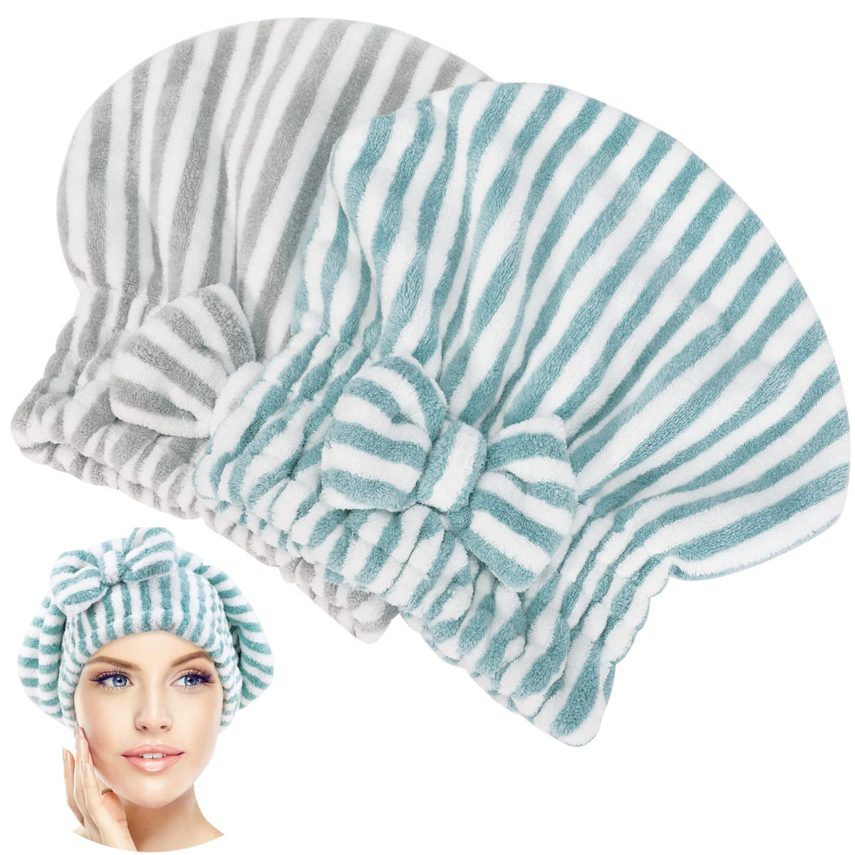 2Pack Microfiber Hair Towel Cap,Hair Drying Caps with Bow-Knot,Absorbent Quick Drying Cap for Women,Soft Hair Drying Towel Cap,F
