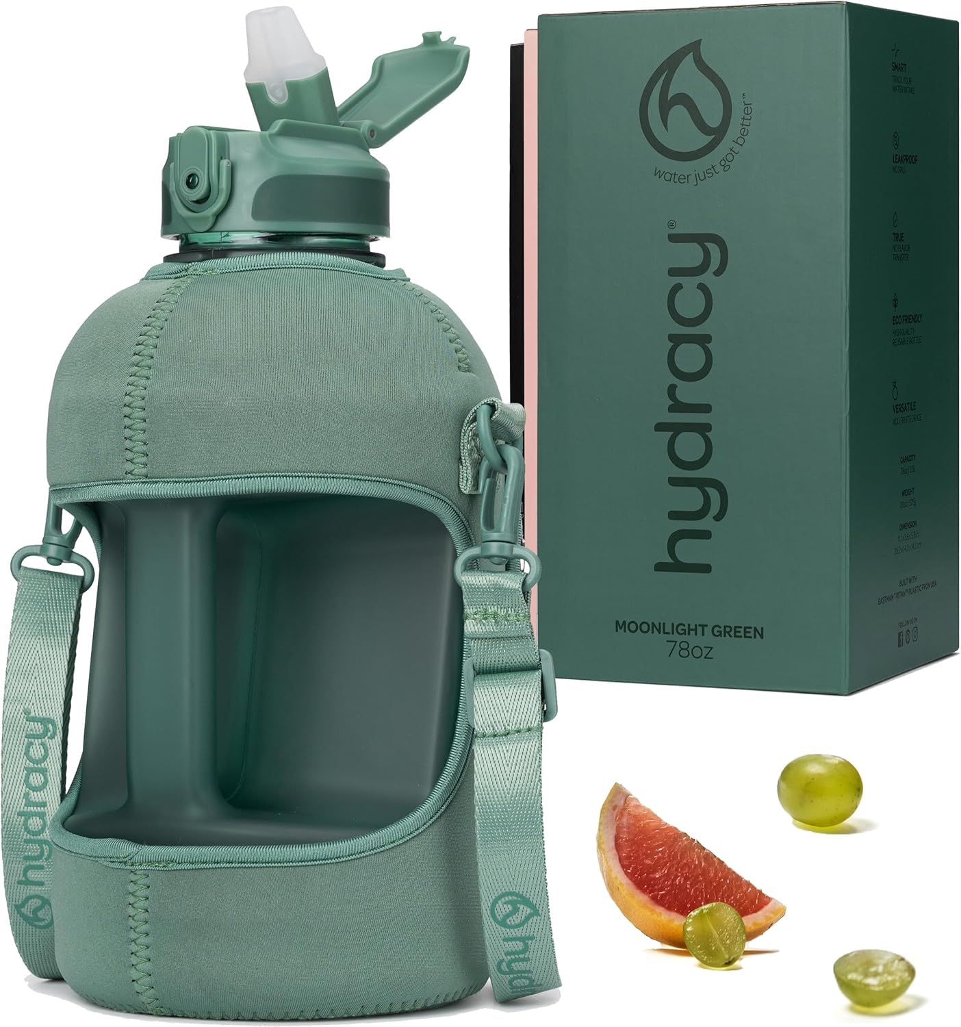 Hydracy 2.3L BPA-Free Tritan Plastic Water Bottle with Adjustable Shoulder Strap, Spill-Proof Lid, and Convenient Silicon Spout 