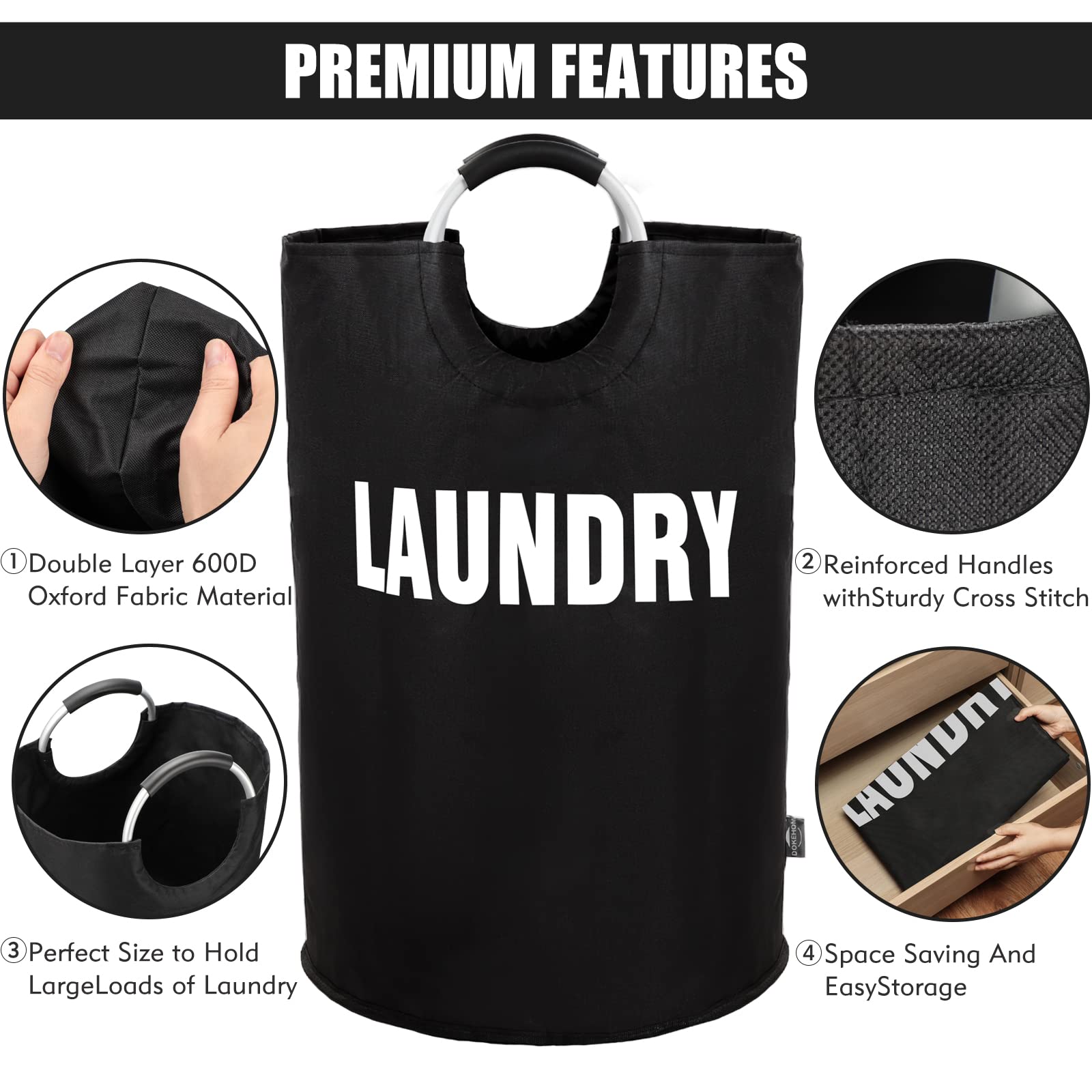 DOKEHOM 160L XX-Large Laundry Basket (7 colors)  collapsible Laundry Bag  Foldable Laundry Hamper  Folding Washing Bin (Black  XXL)