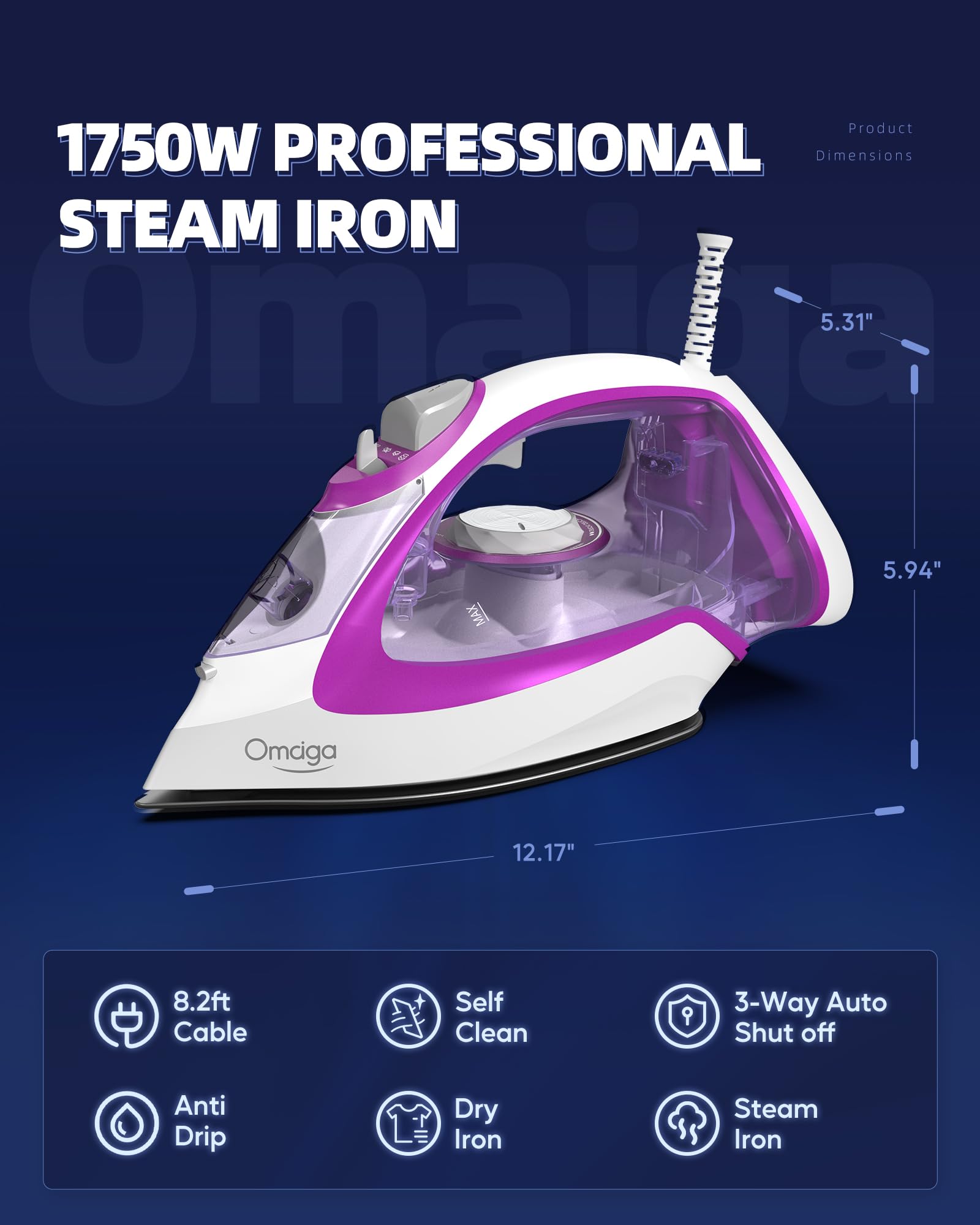 Omaiga Steam Iron For Clothes, 1750W Clothes Iron With Rapid Heating Ceramic Coated Soleplate, 3-Way Auto-Off, Clothing Iron Wit