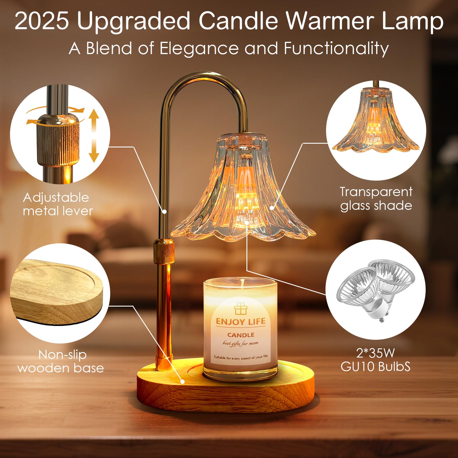 Candle Warmer Lamp with Timer: Birthday Gifts for Women Mom, Adjustable Height, 3 Timing Mode, 4 Level Dimmable Flower Candle Wa