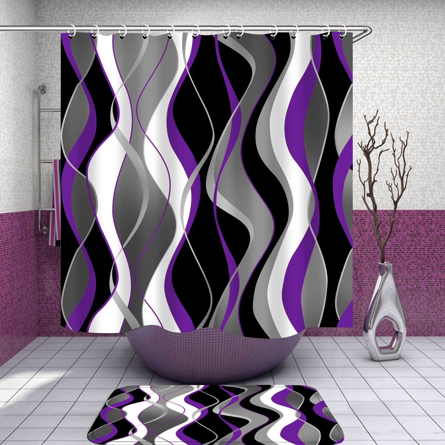Nkzply 4 Pcs Purple And Black Striped Shower Curtain Set Grey And White Bathroom Sets With Shower Curtain And Rugs Purple Modern