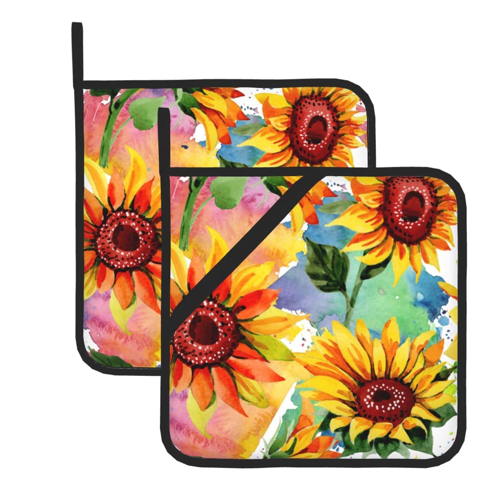 Colorful Sunflower Pot Holders Set Of 2 Heat Resistant & Non Slip Potholders, Watercolor Art Style Fire Oven Hot Pads For Kitche
